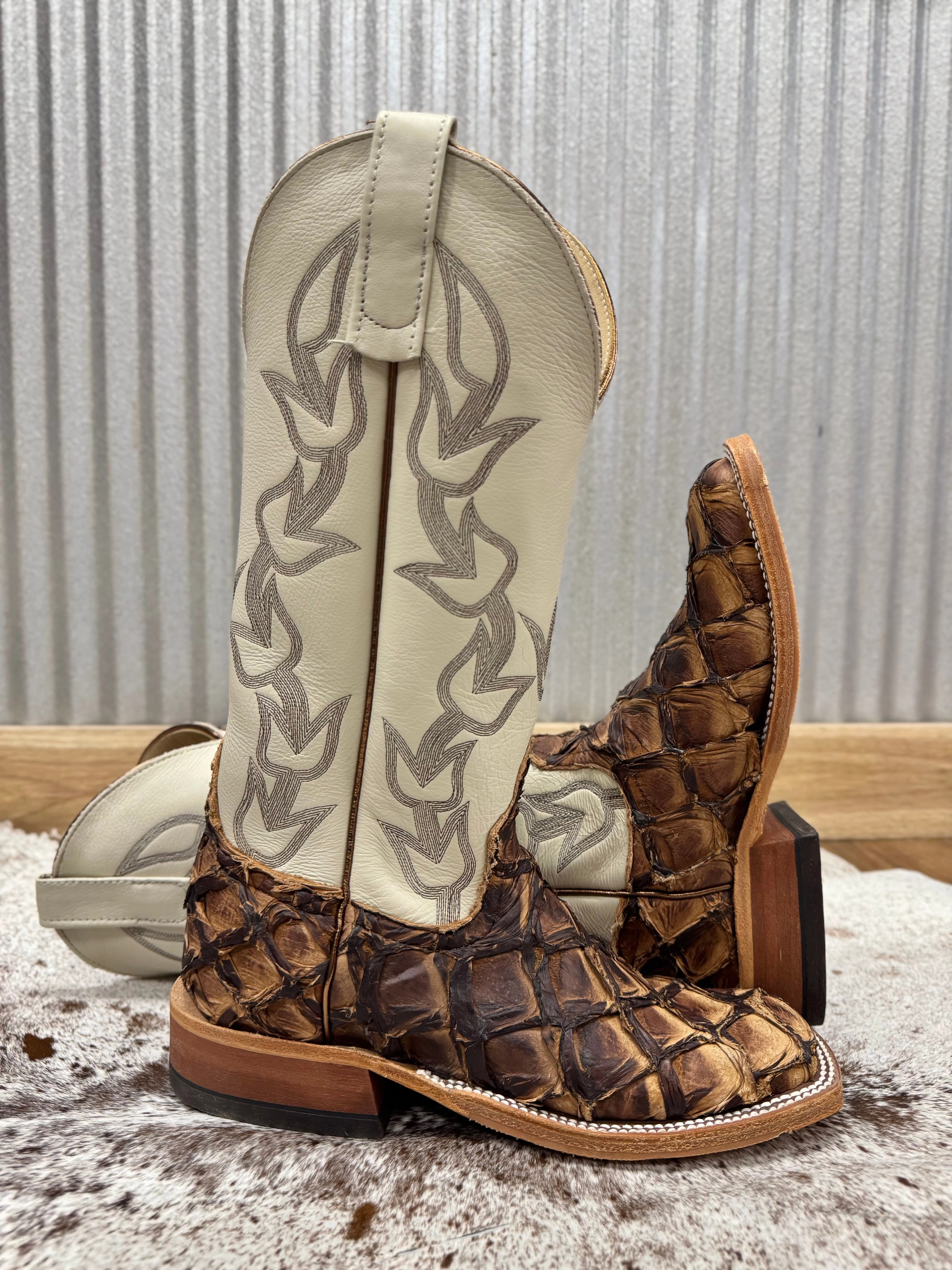 Anderson Bean Women's Brown Big Bass Arapaima & Bone Deerskin Top Square Toe Cowgirl Boots 333578 Temperature Regulating