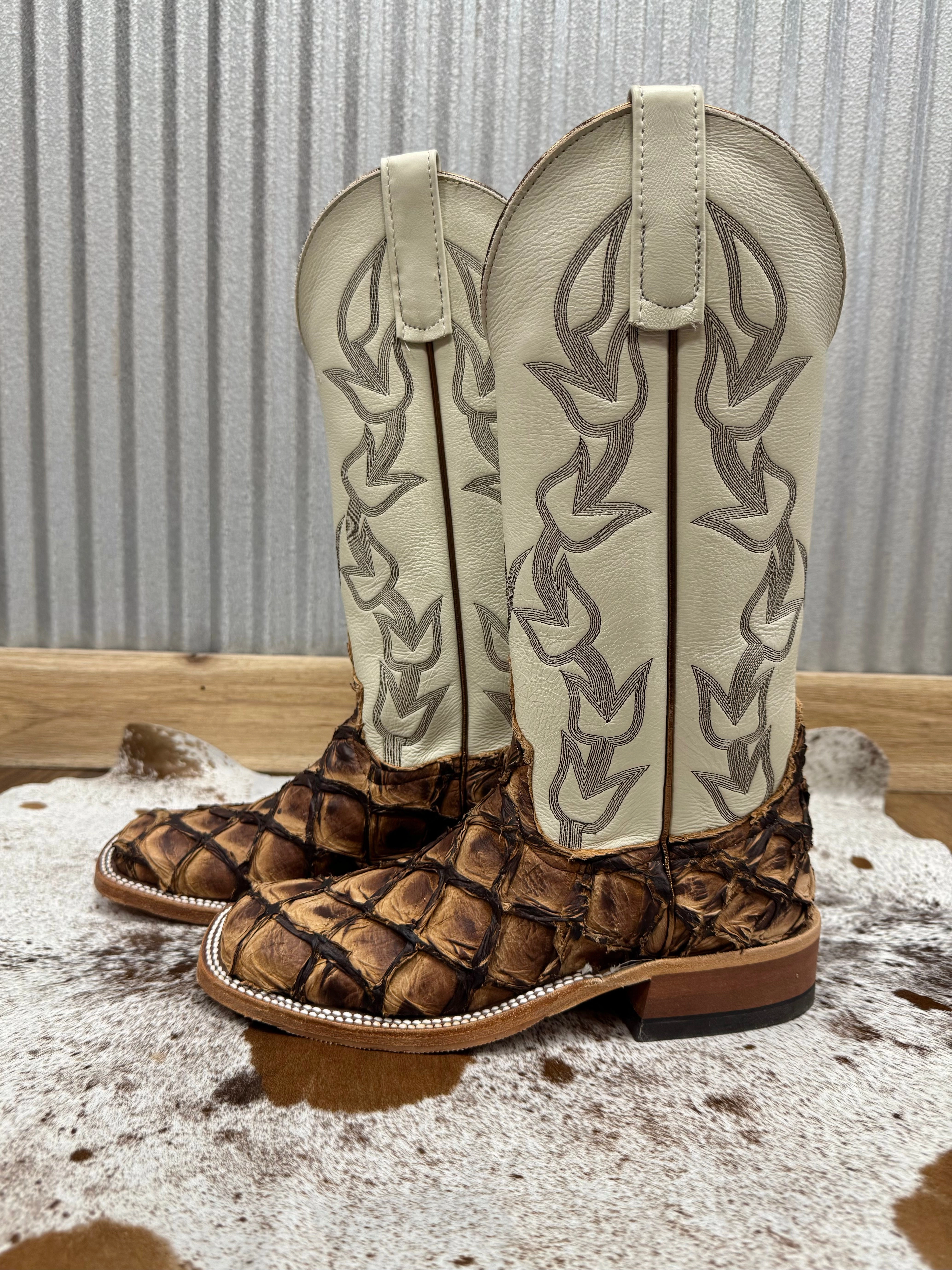 Slip On Style Anderson Bean Women's Brown Big Bass Arapaima & Bone Deerskin Top Square Toe Cowgirl Boots 333578