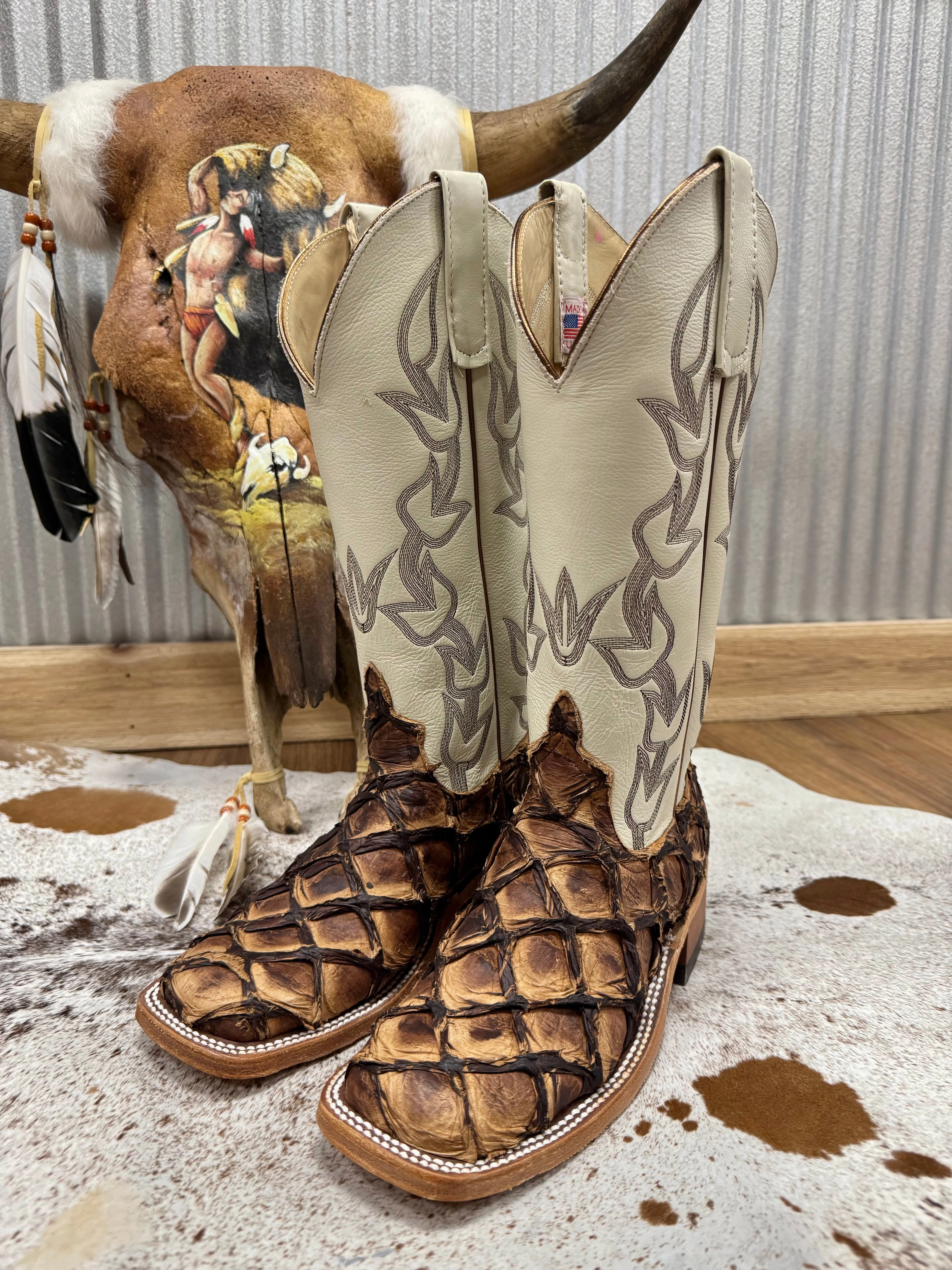 Anderson Bean Women's Brown Big Bass Arapaima & Bone Deerskin Top Square Toe Cowgirl Boots 333578 synthetic material