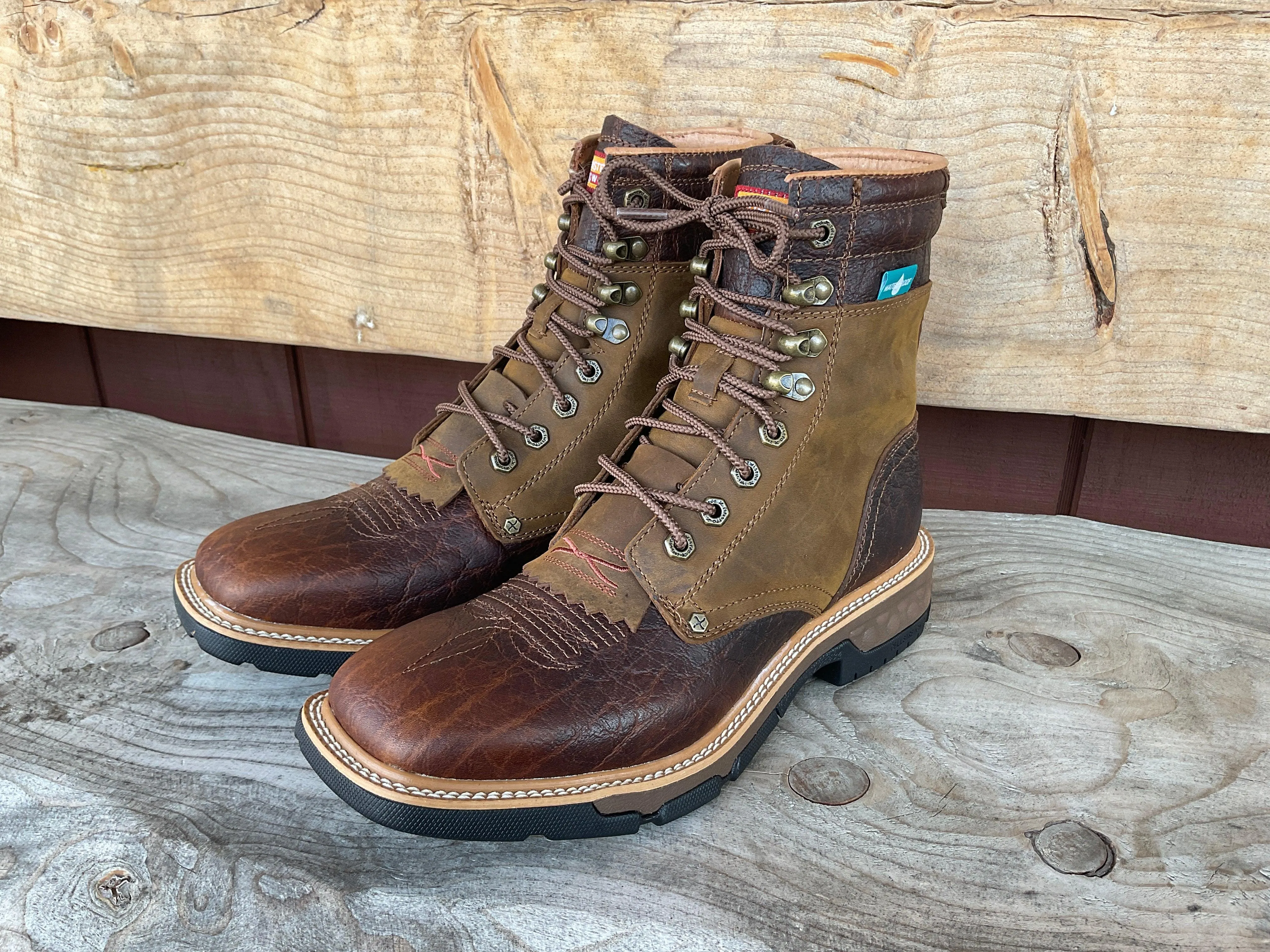 Twisted X Men's CellStretch Waterproof 8 Lace Up Saddle Leather & Cognac Work Boot MXLW001 Fire Side Durable Leather