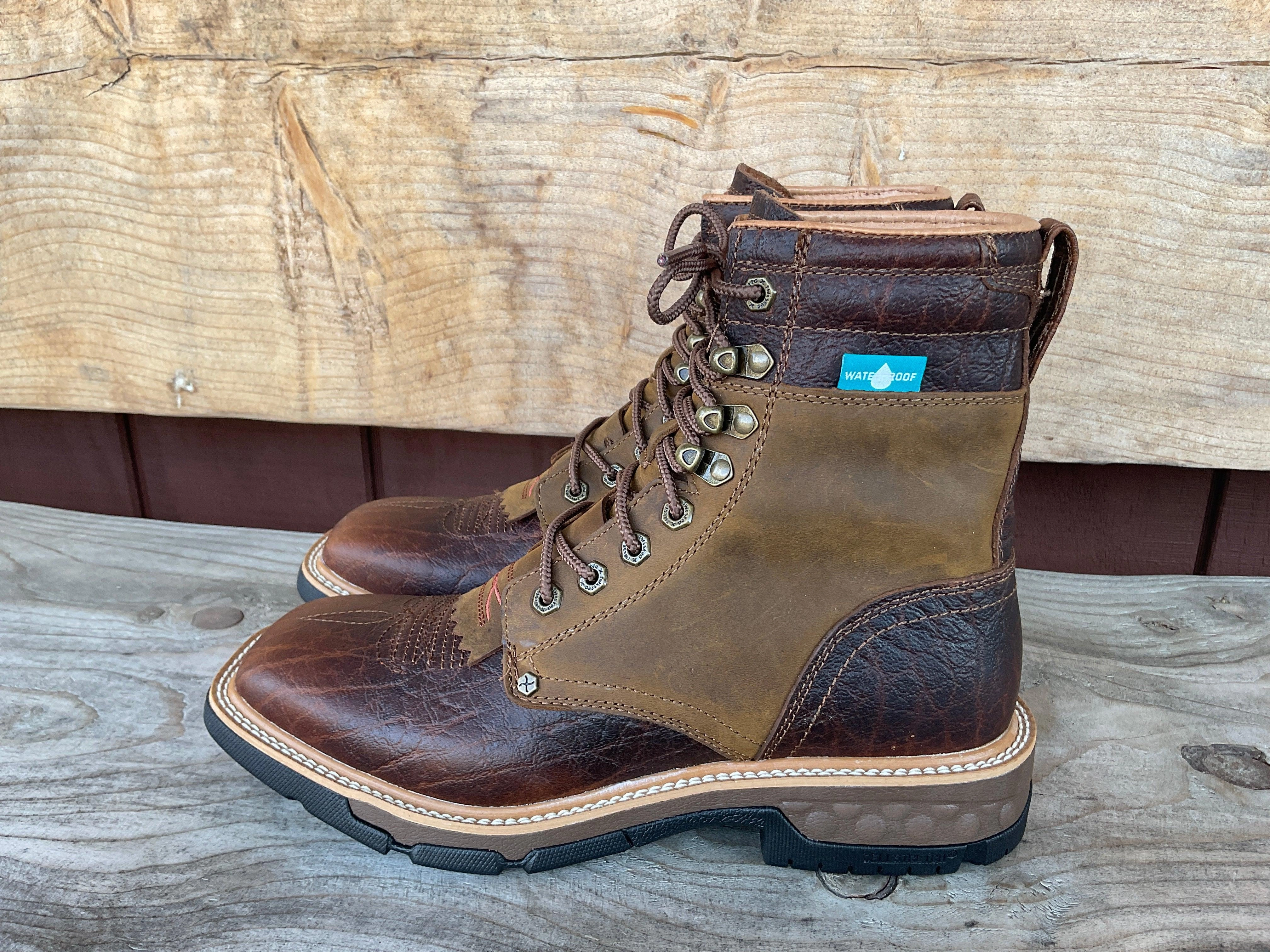 Twisted X Men's CellStretch Waterproof 8 Lace Up Saddle Leather & Cognac Work Boot MXLW001 High Ankle Support