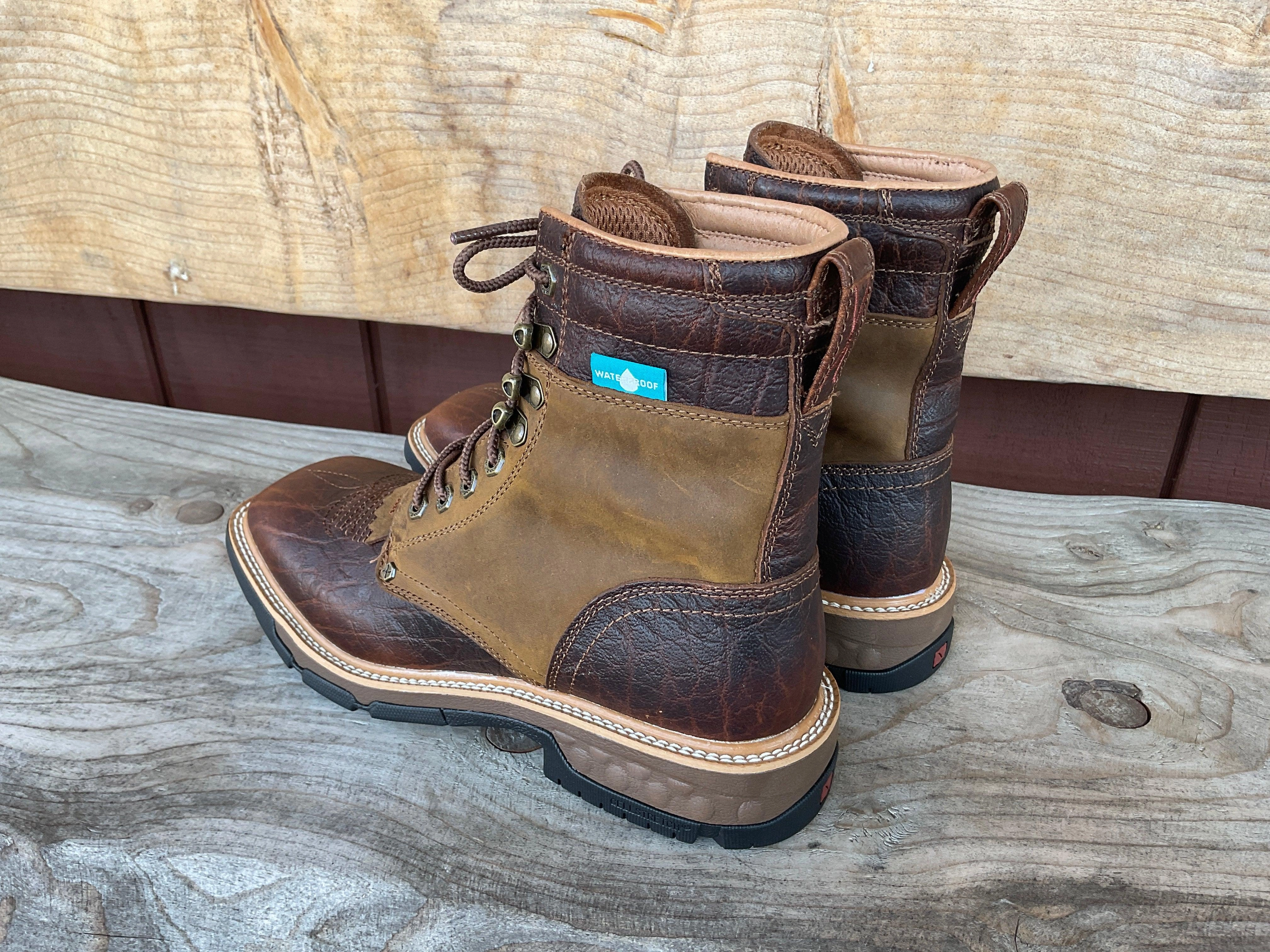 Twisted X Men's CellStretch Waterproof 8 Lace Up Saddle Leather & Cognac Work Boot MXLW001 Abrasion   Resistant