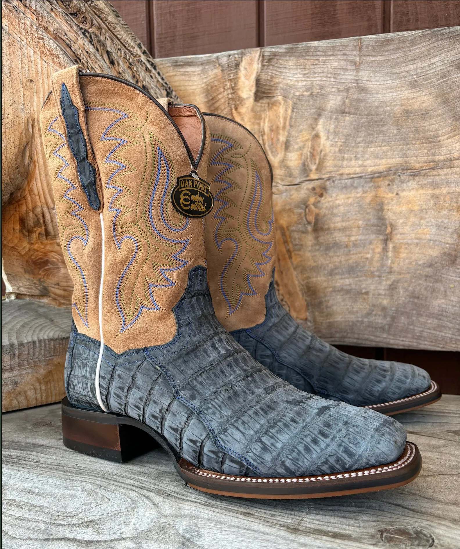 Dan Post Men's Leon Denim Blue Caiman & Tan Top Cowboy Boots DP5014 Shear Warm