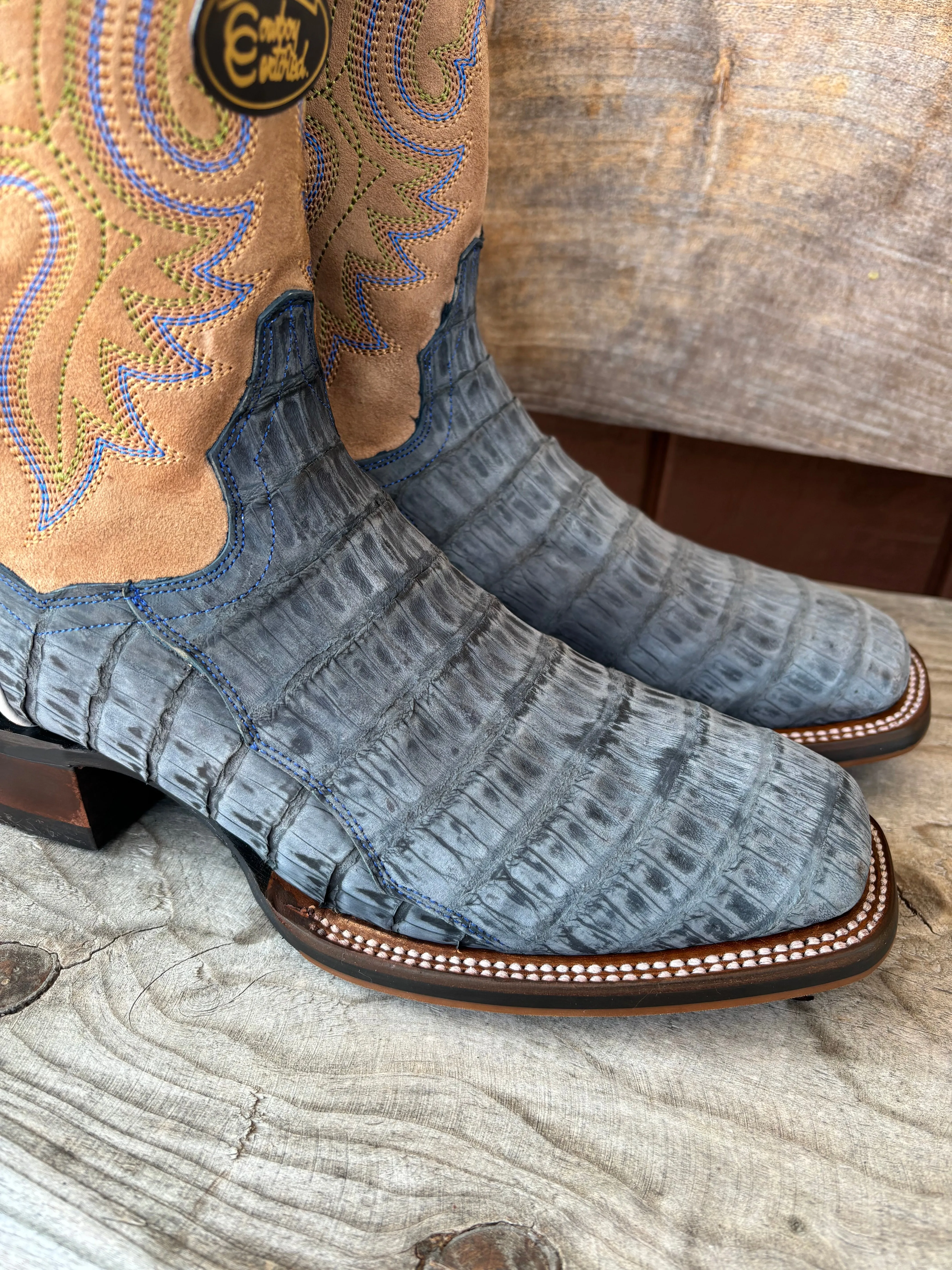 Dan Post Men's Leon Denim Blue Caiman & Tan Top Cowboy Boots DP5014 Comfortable backstay