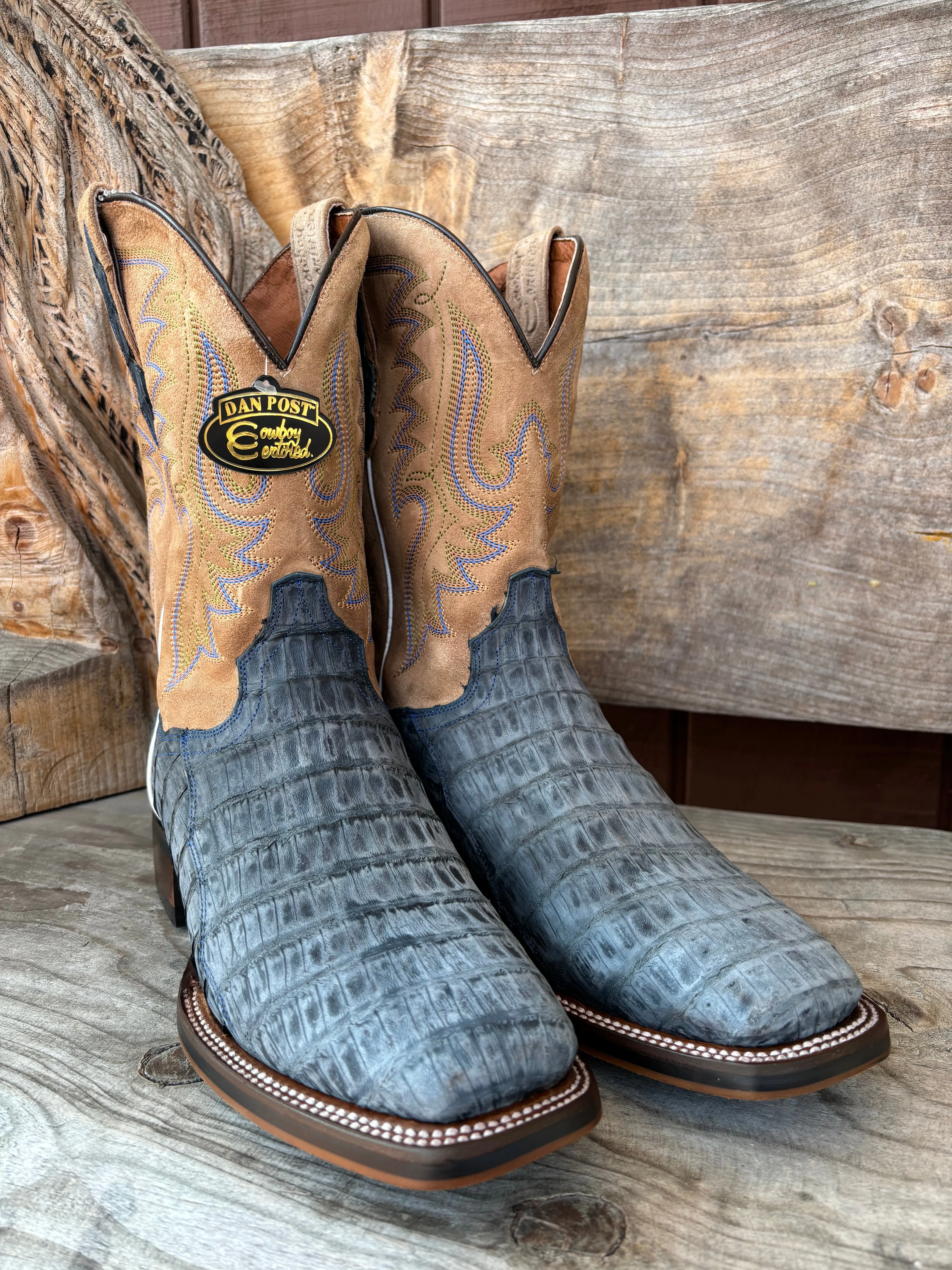 Textile Lining Dan Post Men's Leon Denim Blue Caiman & Tan Top Cowboy Boots DP5014