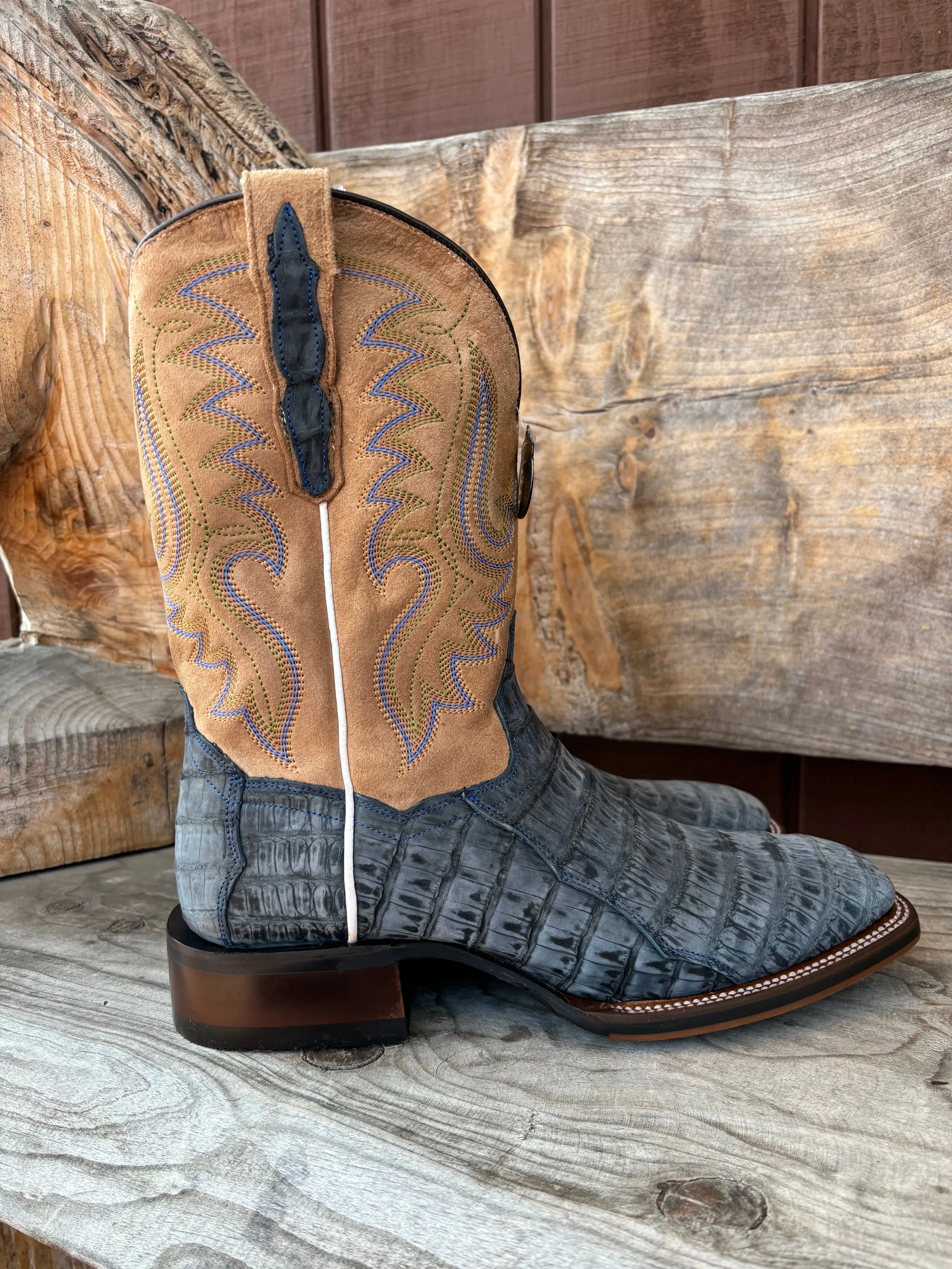 Casual Look Mid Length Dan Post Men's Leon Denim Blue Caiman & Tan Top Cowboy Boots DP5014