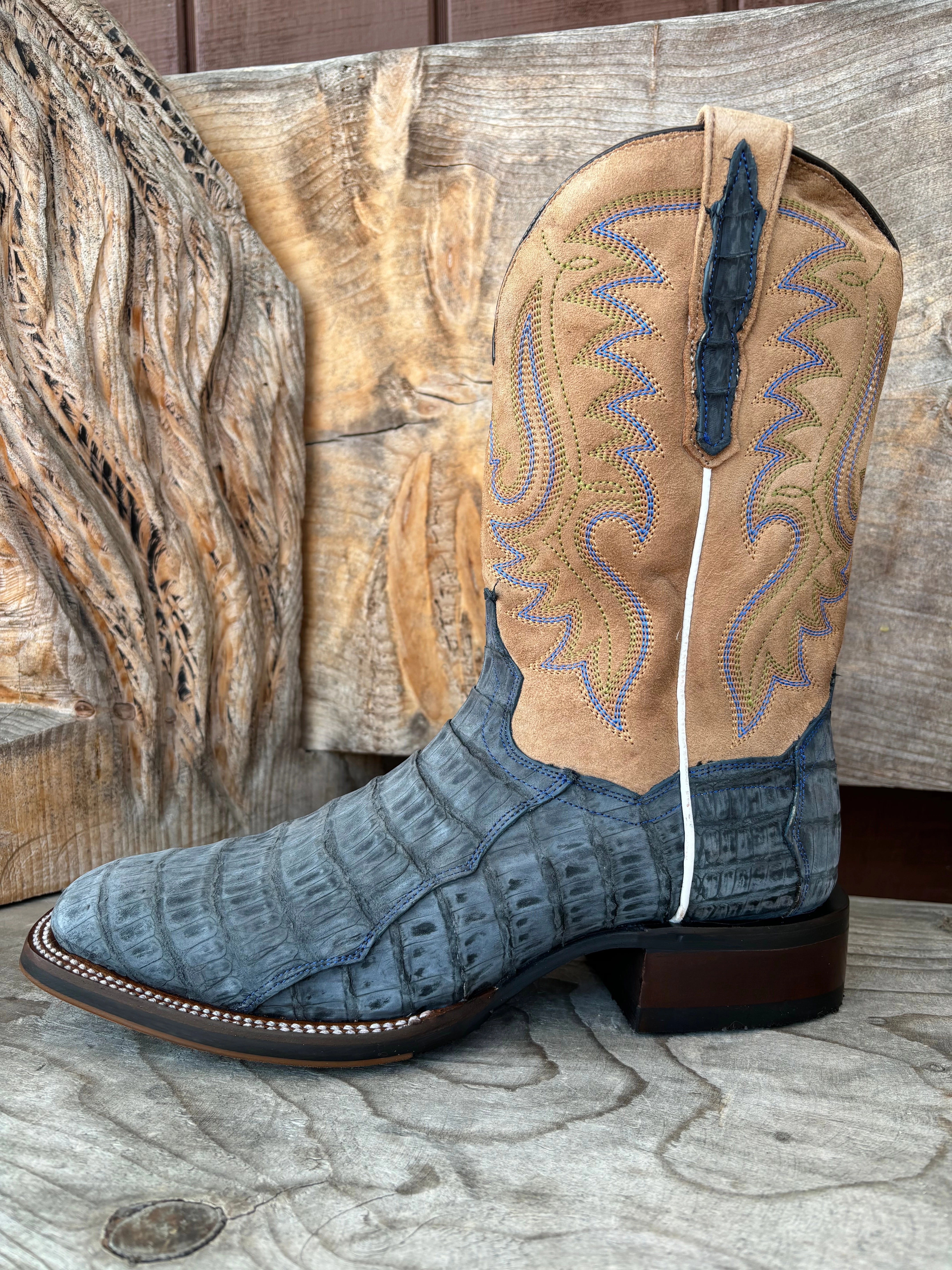 Dan Post Men's Leon Denim Blue Caiman & Tan Top Cowboy Boots DP5014 Breathable Sole
