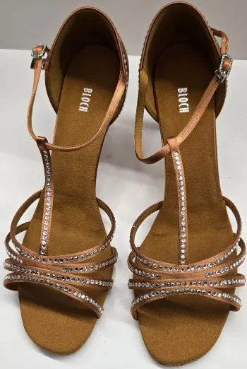 2.5" Guilia -- Flare Heel Latin Sandal with Rhinestones -- Dark Tan Satin Comfort Wedge