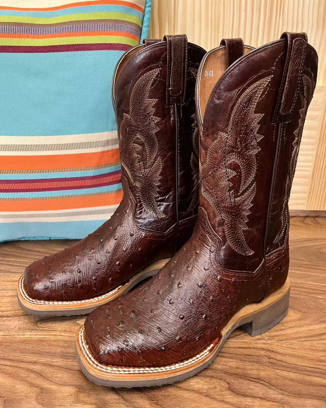 Dan Post Men's Dark Brown Tobacco Full Quill Ostrich Square Toe Cowboy Boots DP5711 Tough Weather Pull-on style