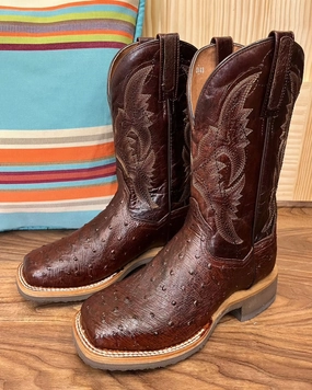 Dan Post Men's Dark Brown Tobacco Full Quill Ostrich Square Toe Cowboy Boots DP5711 Tough Weather Pull-on style