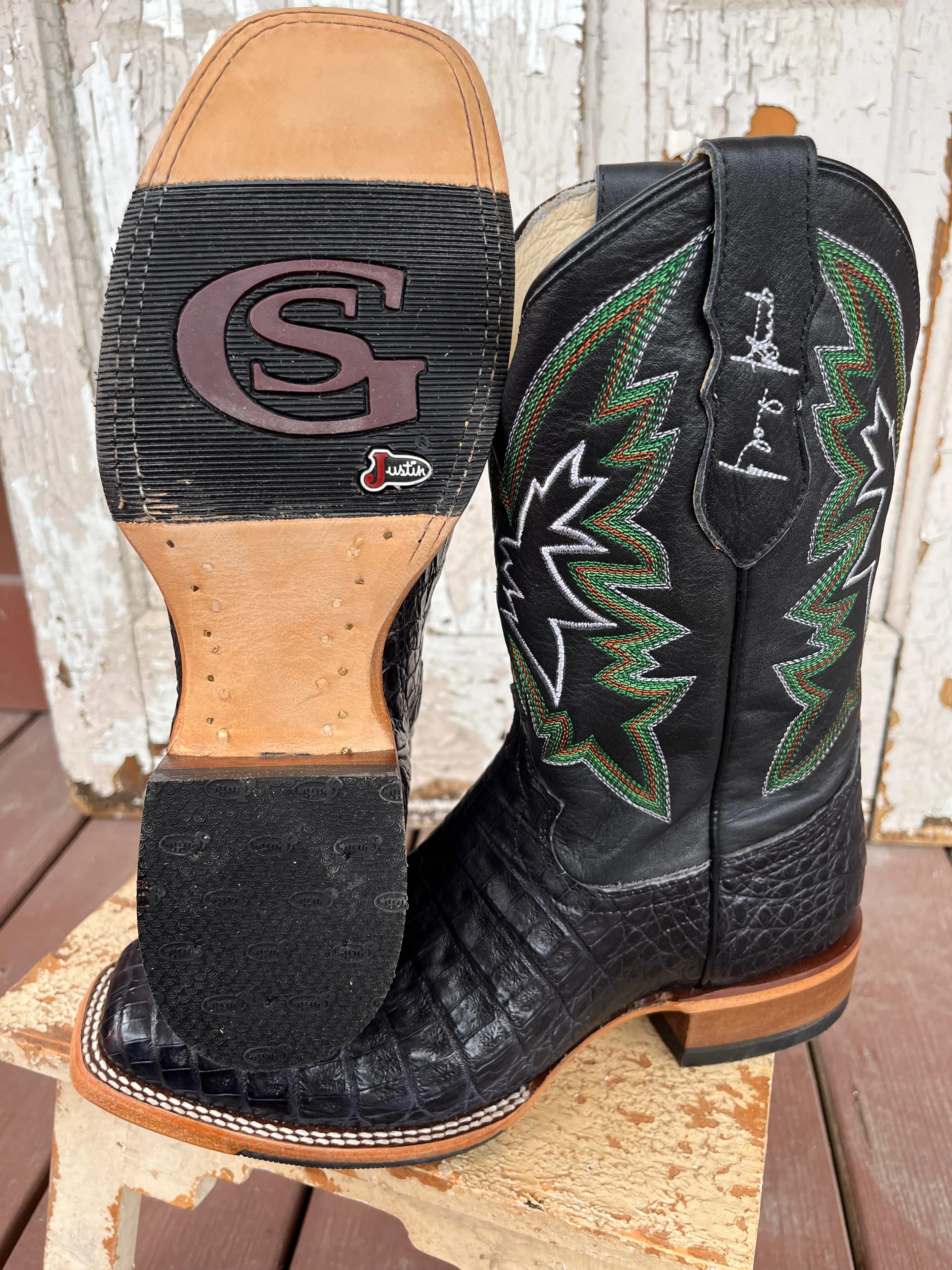 Justin Men's George Strait Haggard Black Caiman Square Toe Cowboy Boot GR5705 Athletic Edge Comfort Oriented