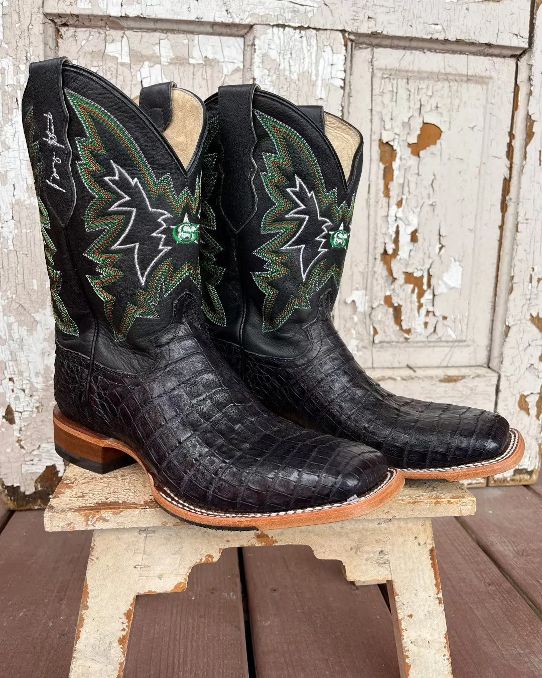 Block Heel Long Hour Justin Men's George Strait Haggard Black Caiman Square Toe Cowboy Boot GR5705