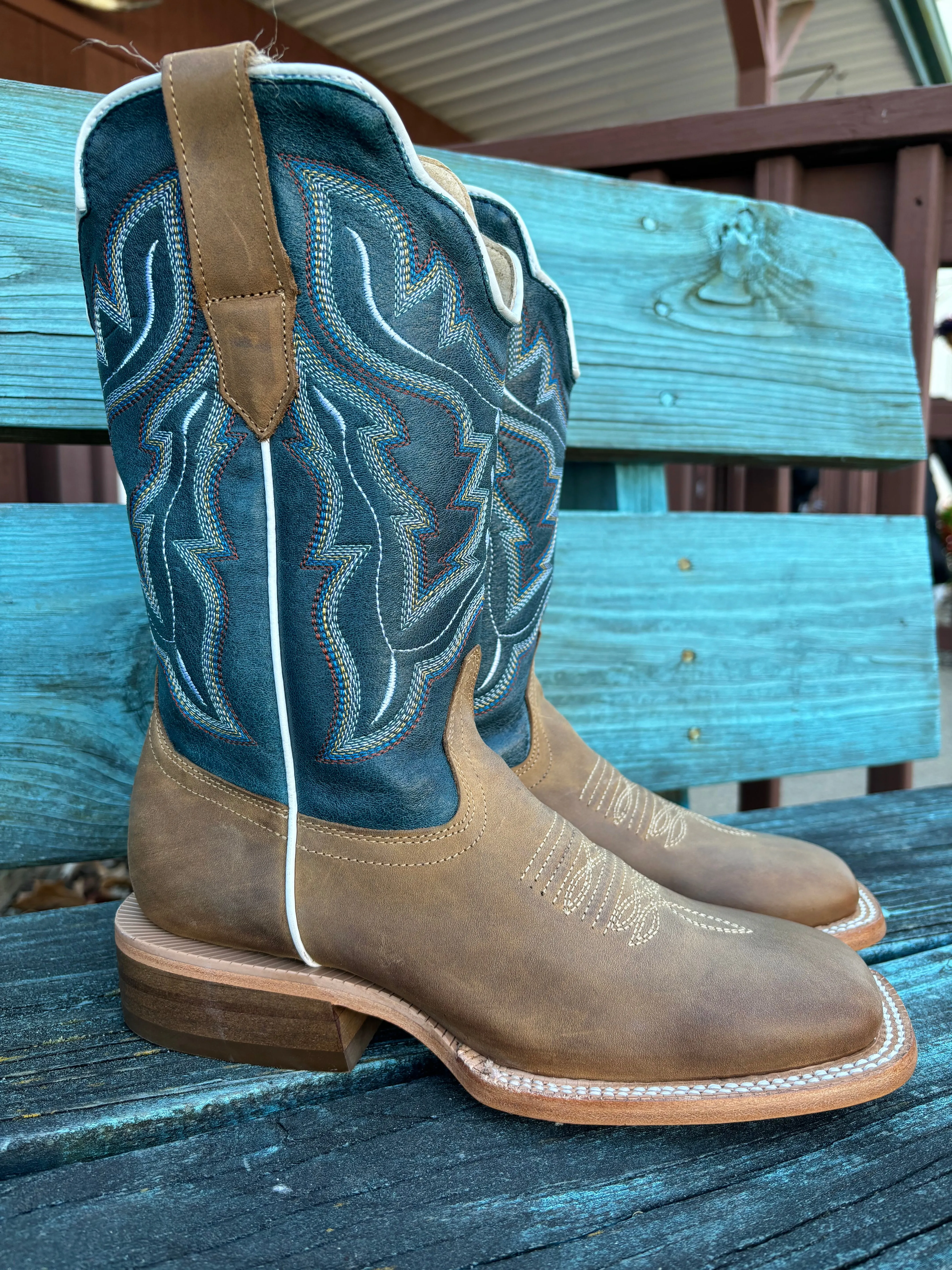 Comfort Ankle Support Neutral Finish RW Ranch Women's Blue & Sundial Brown Wide Square Toe Cowgirl Boots WRL0009-2