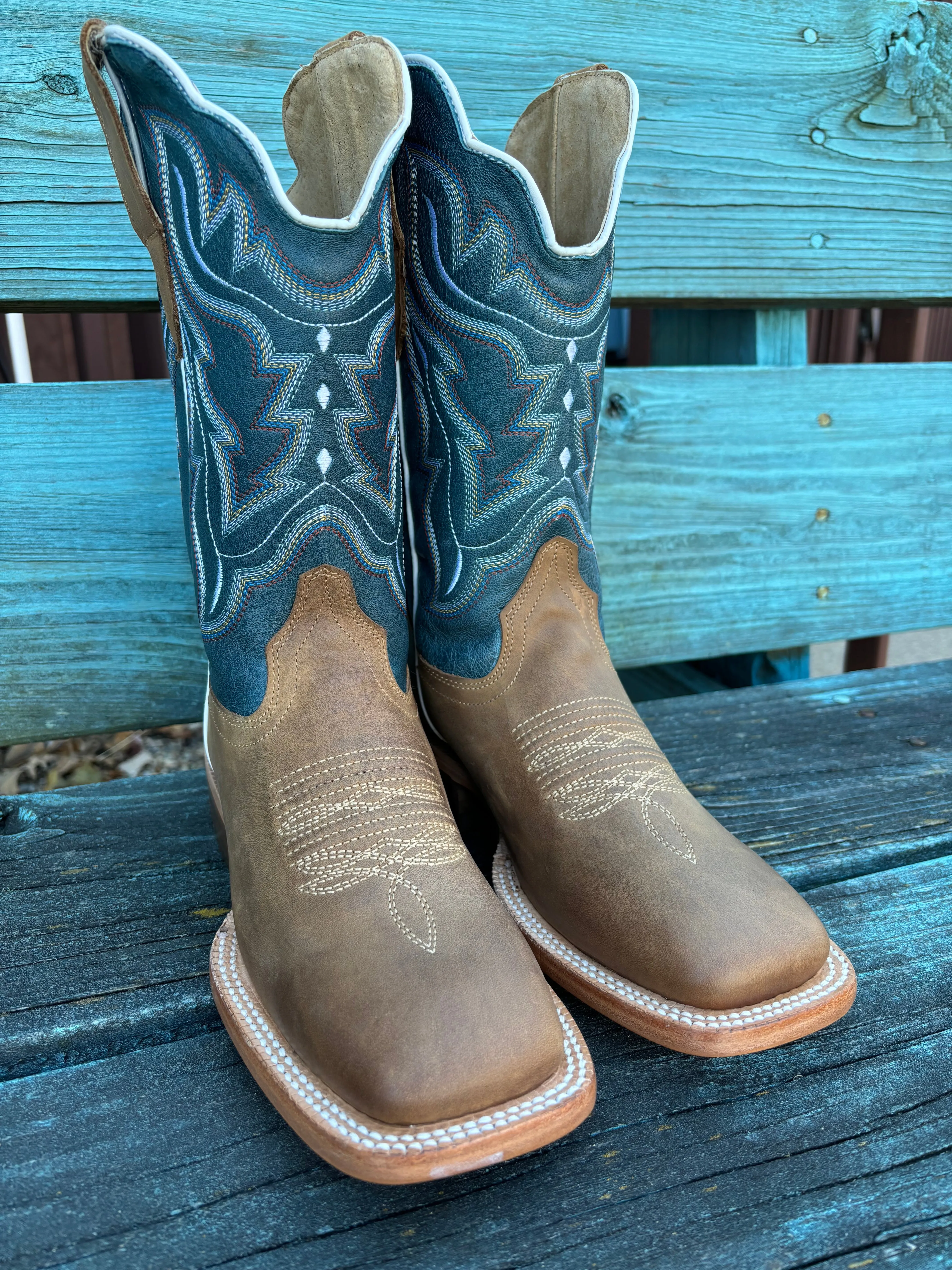 RW Ranch Women's Blue & Sundial Brown Wide Square Toe Cowgirl Boots WRL0009-2 Comfort Ankle Support Unisex Cool