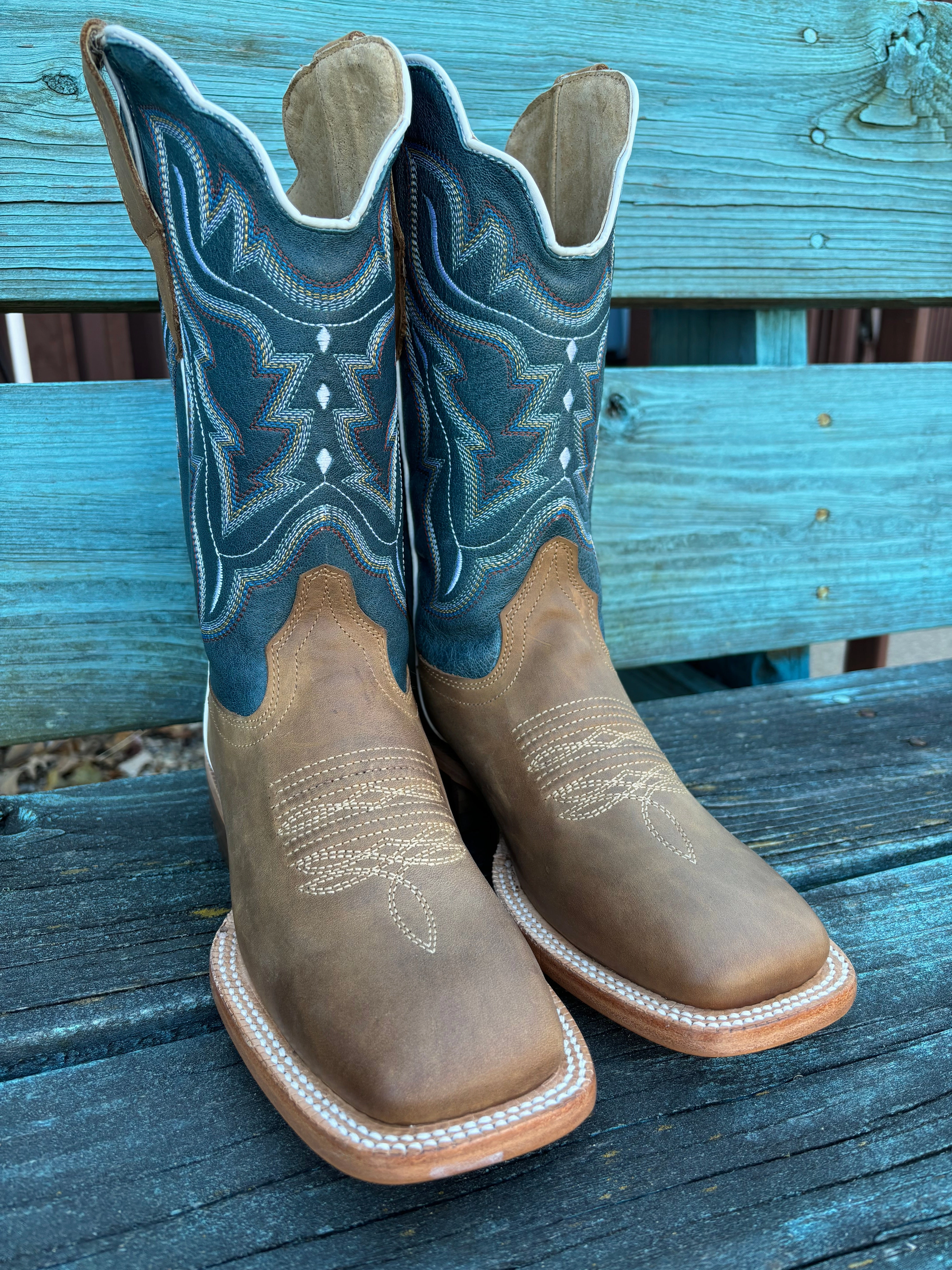 RW Ranch Women's Blue & Sundial Brown Wide Square Toe Cowgirl Boots WRL0009-2 Comfort Ankle Support Unisex Cool