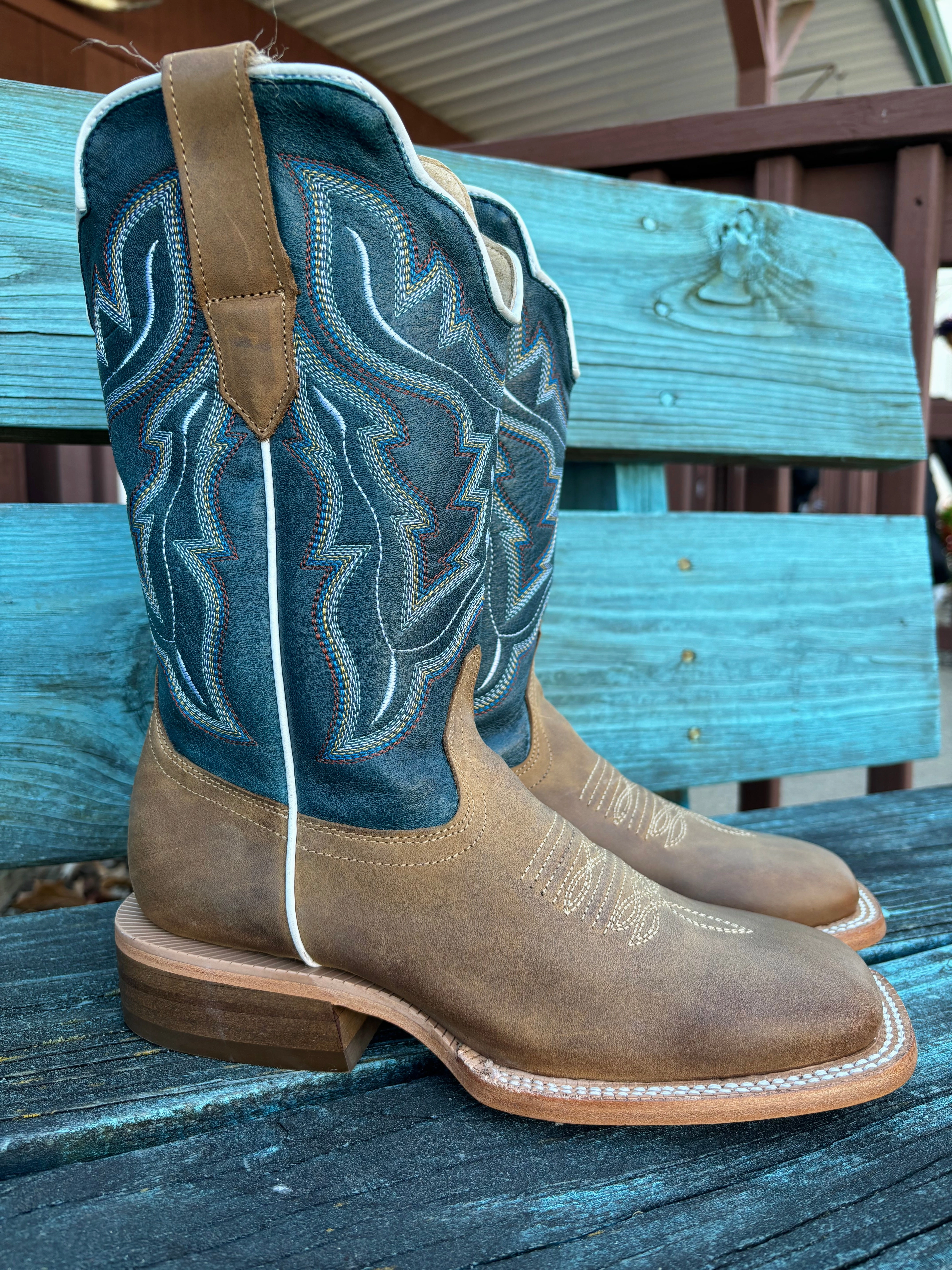 Comfort Ankle Support Neutral Finish RW Ranch Women's Blue & Sundial Brown Wide Square Toe Cowgirl Boots WRL0009-2