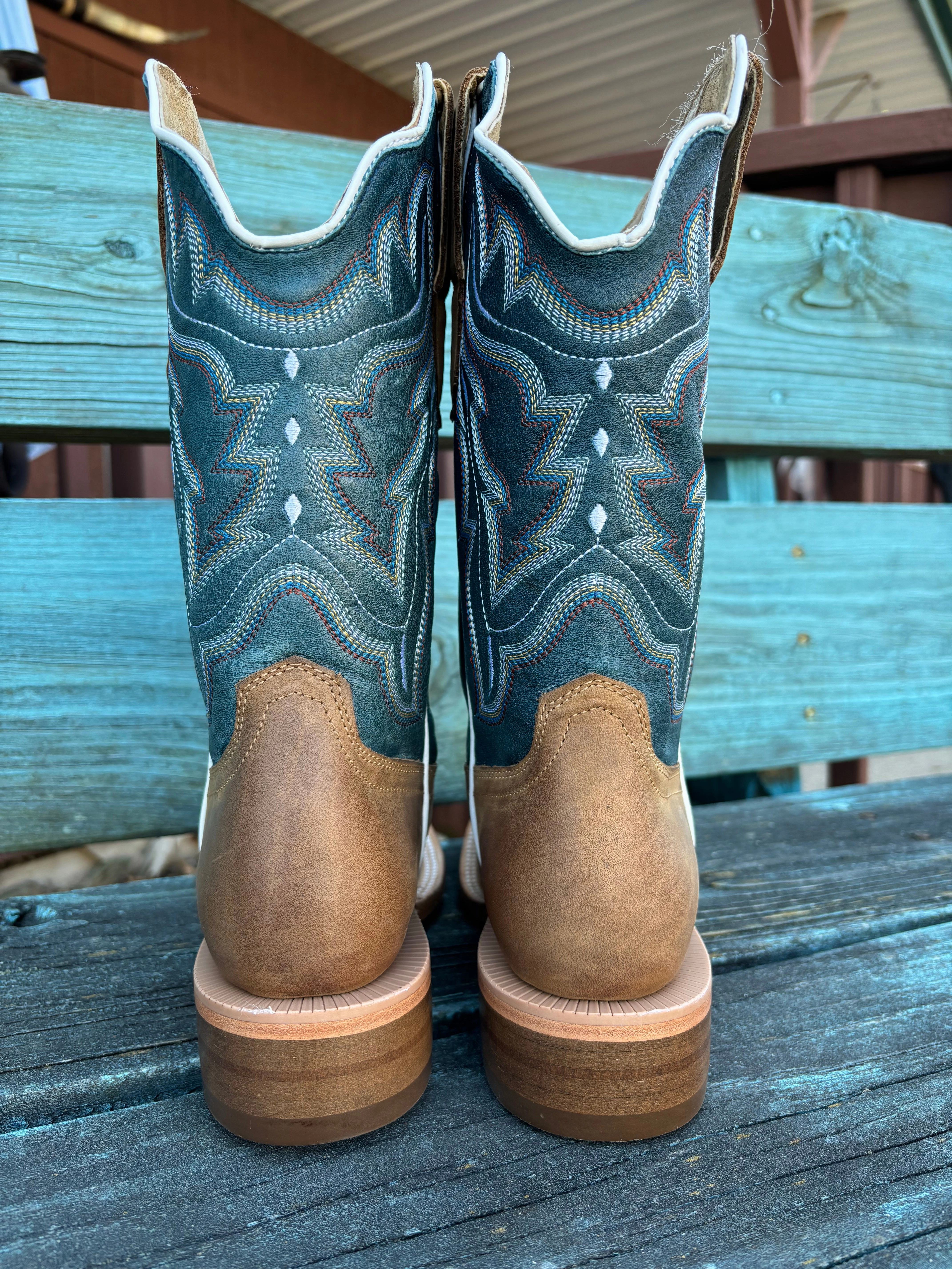 Resistant to wear Anti blister RW Ranch Women's Blue & Sundial Brown Wide Square Toe Cowgirl Boots WRL0009-2