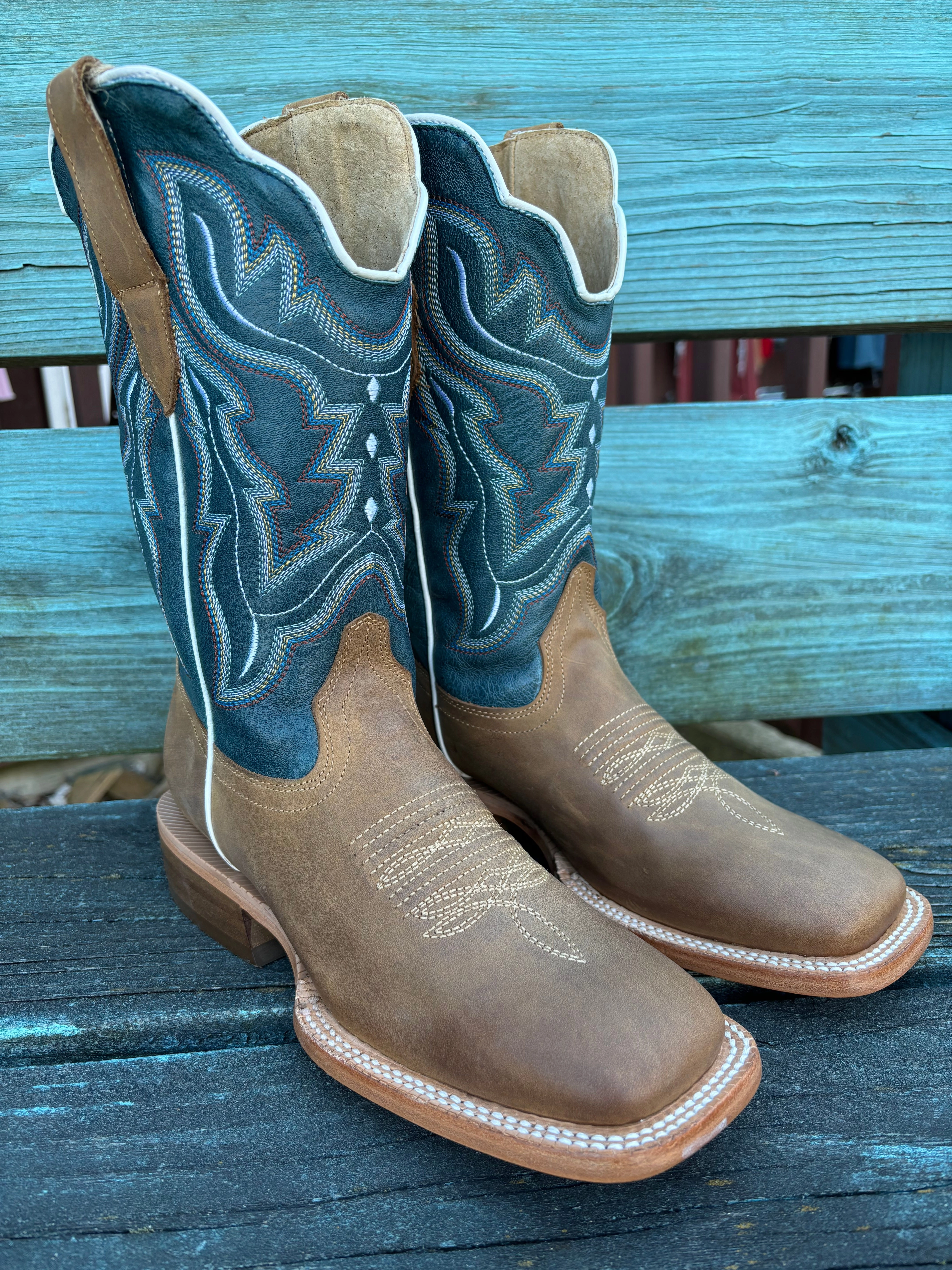 City Wear Long Hike RW Ranch Women's Blue & Sundial Brown Wide Square Toe Cowgirl Boots WRL0009-2