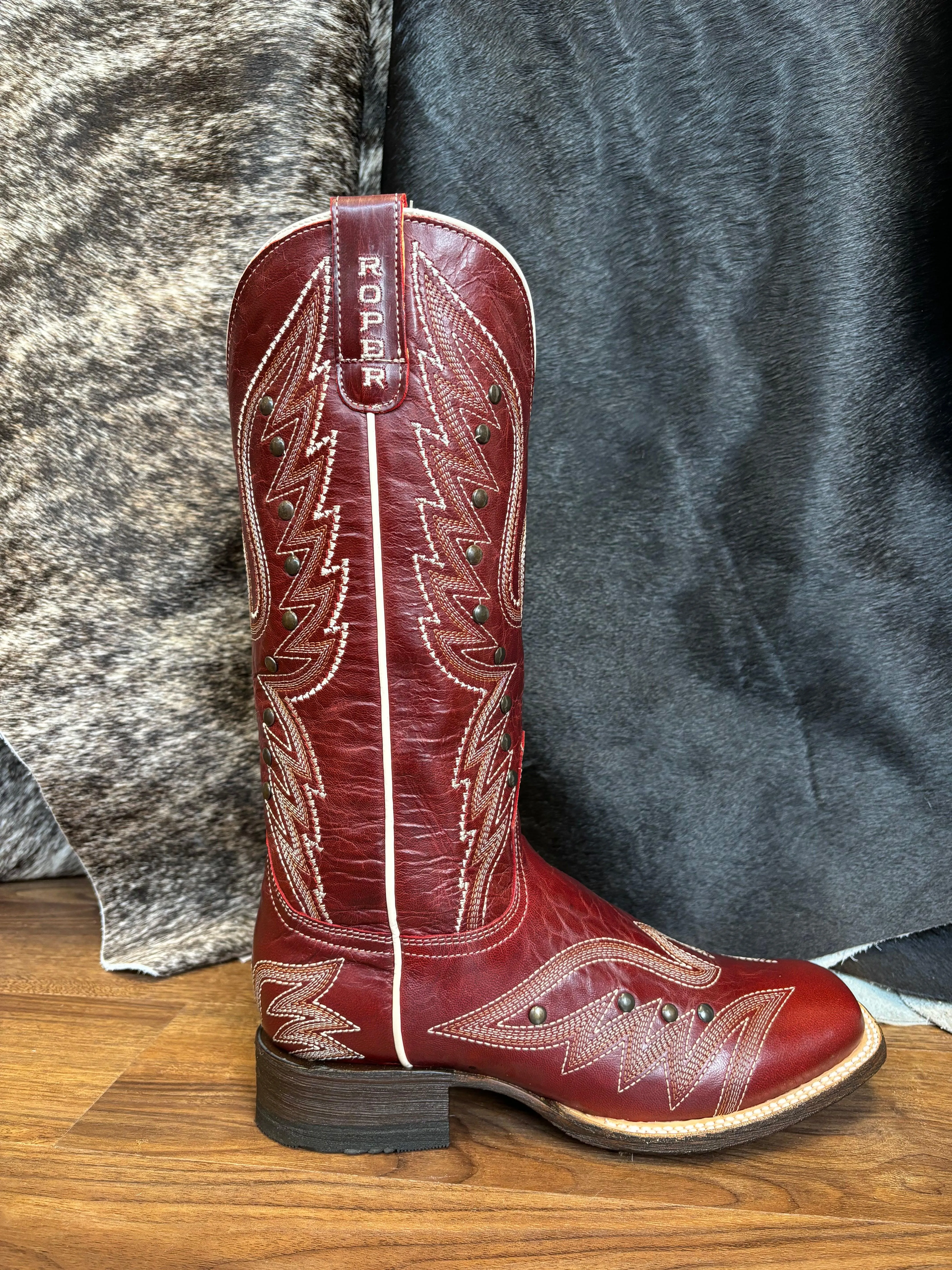 Roper Women's Brandy Vintage Red Leather Square Toe Studded Cowgirl Boots 7015-8631 Cushioned Fit