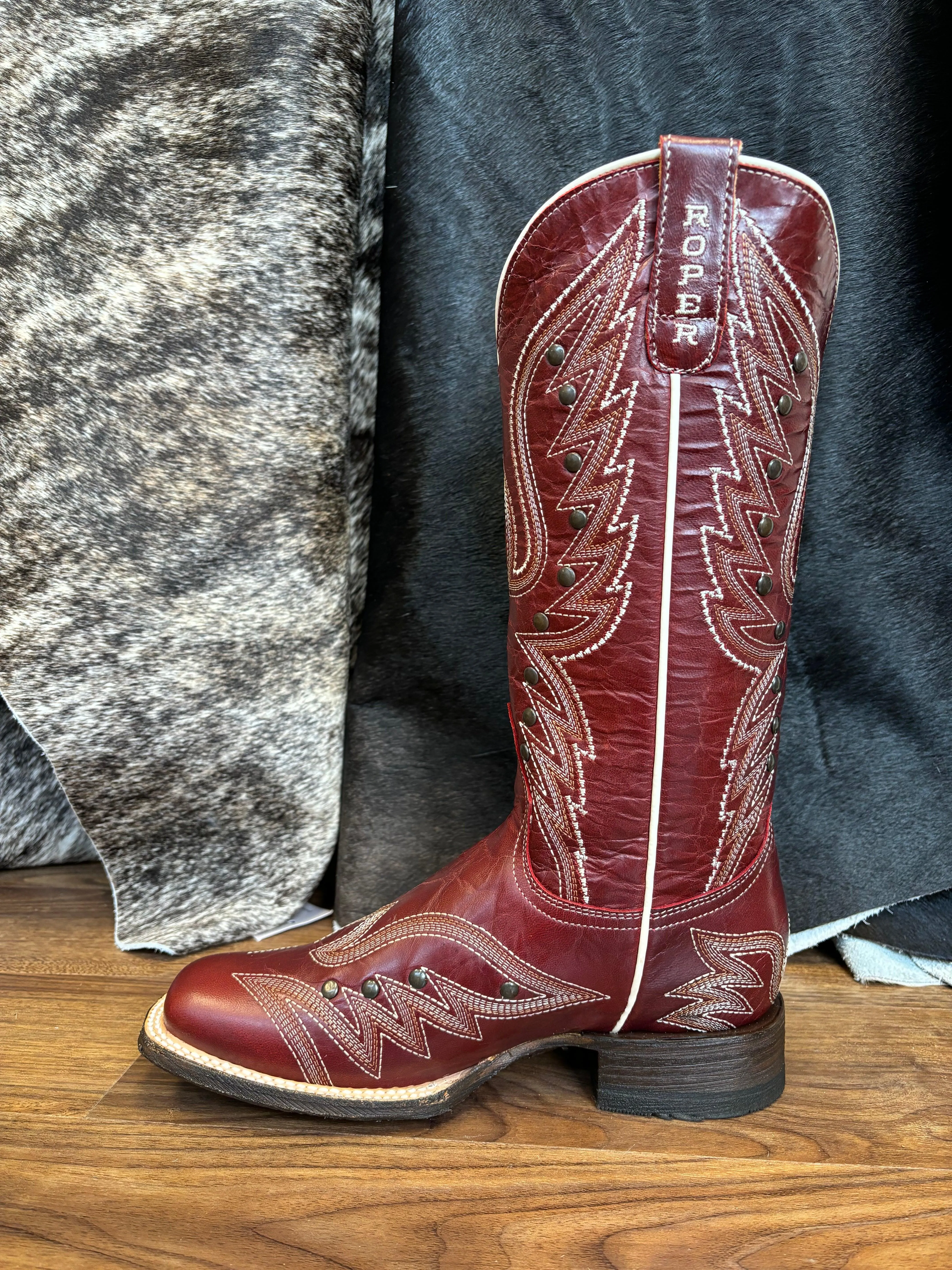 Roper Women's Brandy Vintage Red Leather Square Toe Studded Cowgirl Boots 7015-8631 Everyday Comfort Weekend Fit
