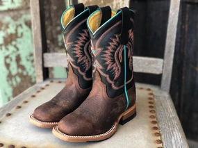 HorsePower Children & Youth Toasted Bison & Black Ranch Square Toe Western Boots HPK1854 Premium Cushion