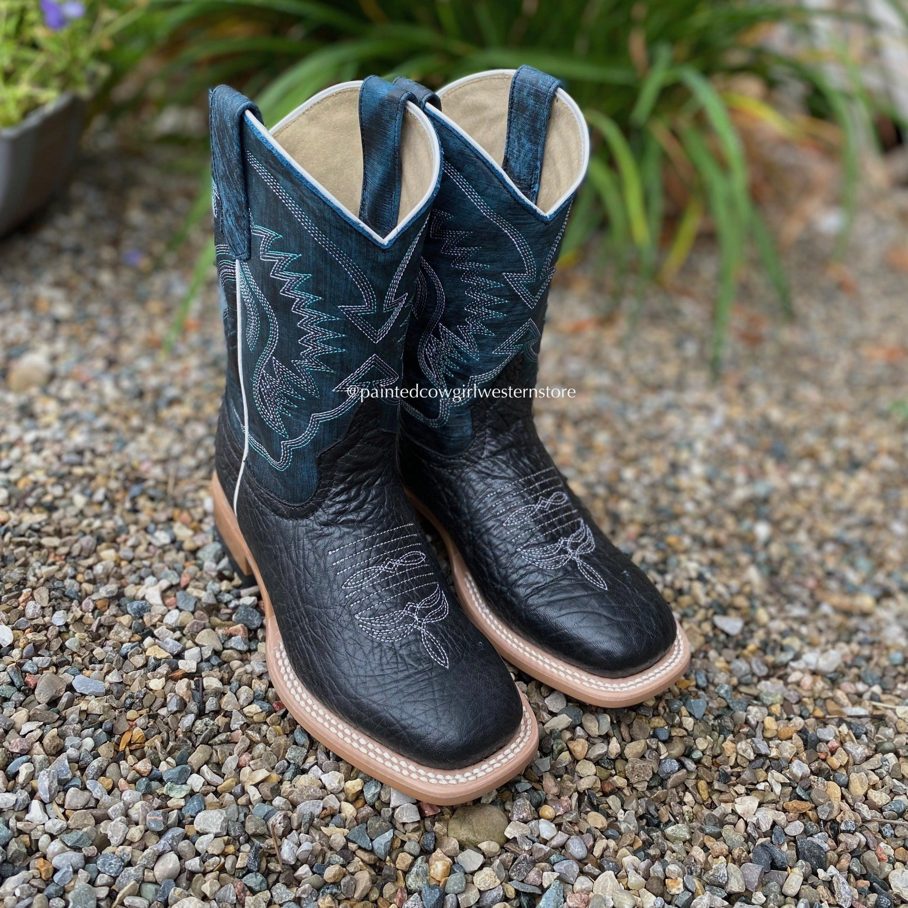 HorsePower Childrens & Youth Black Bull Hide Square Toe Western Cowboy Boots HPK1831 packable MoistureWicking