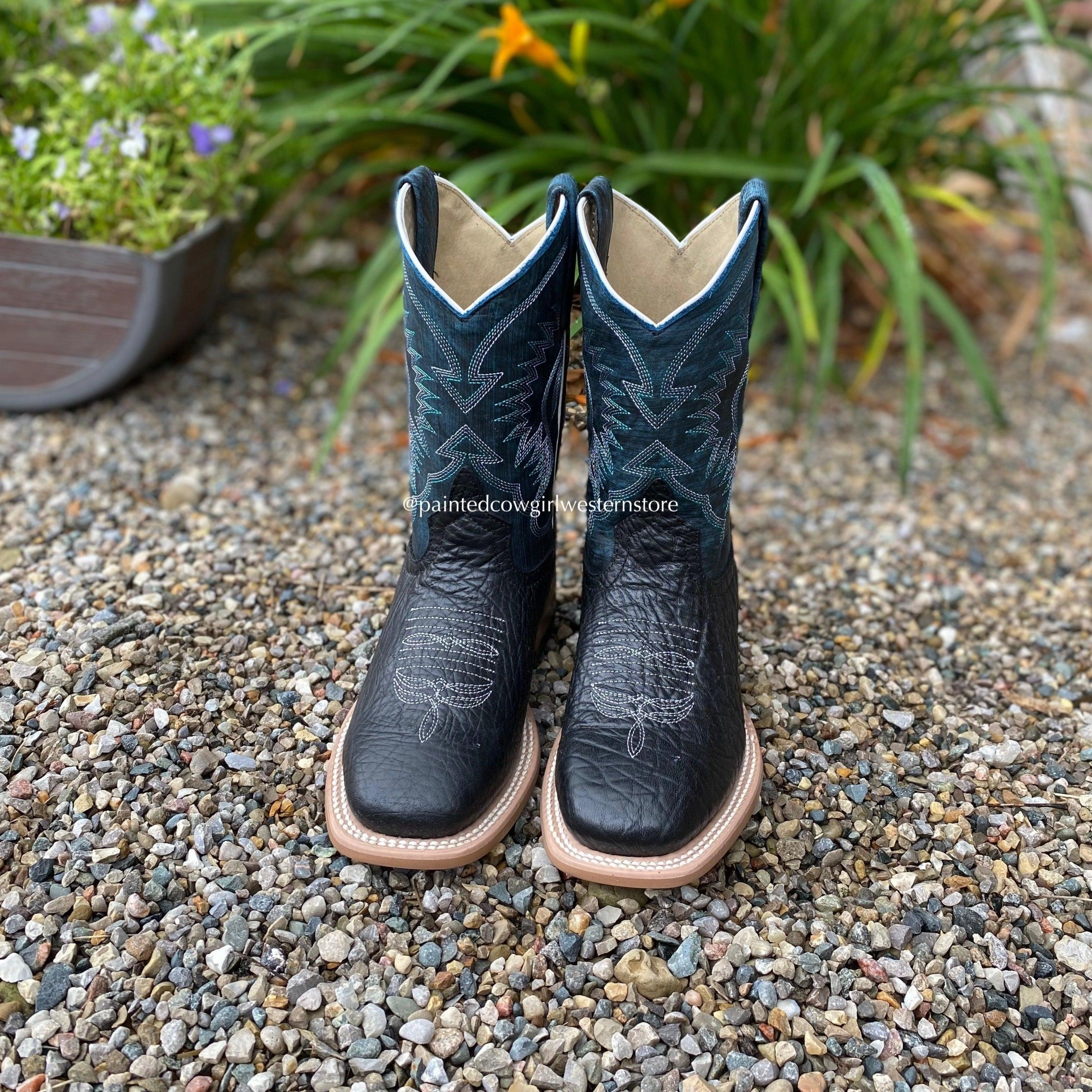 HorsePower Childrens & Youth Black Bull Hide Square Toe Western Cowboy Boots HPK1831 Long Wear Comfort Neutral Finish