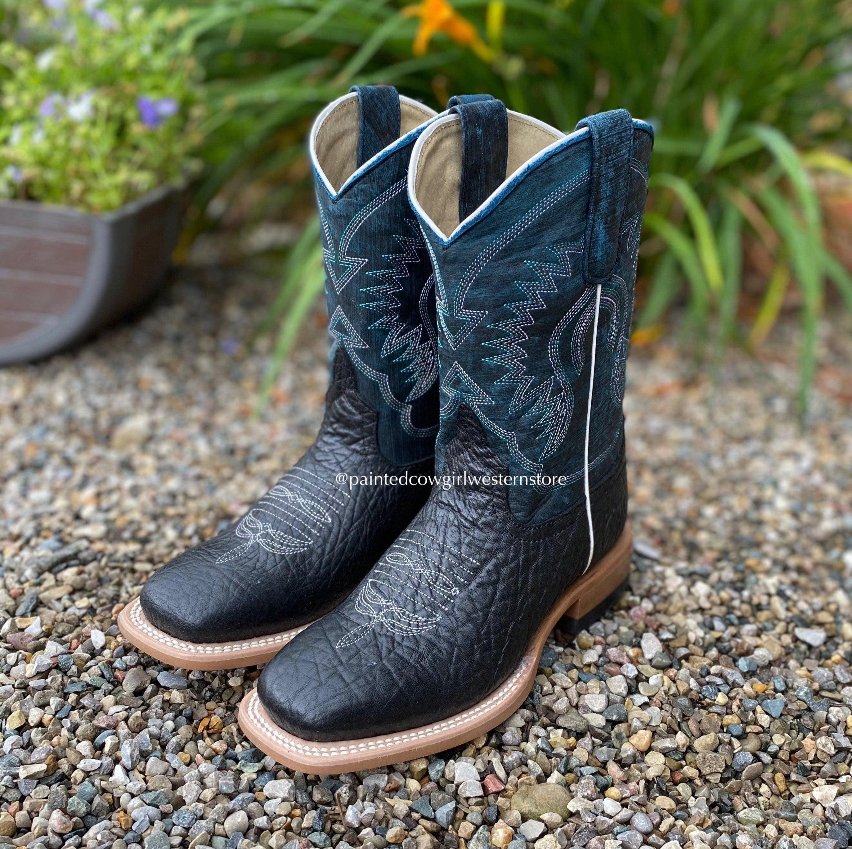 Durable HorsePower Childrens & Youth Black Bull Hide Square Toe Western Cowboy Boots HPK1831