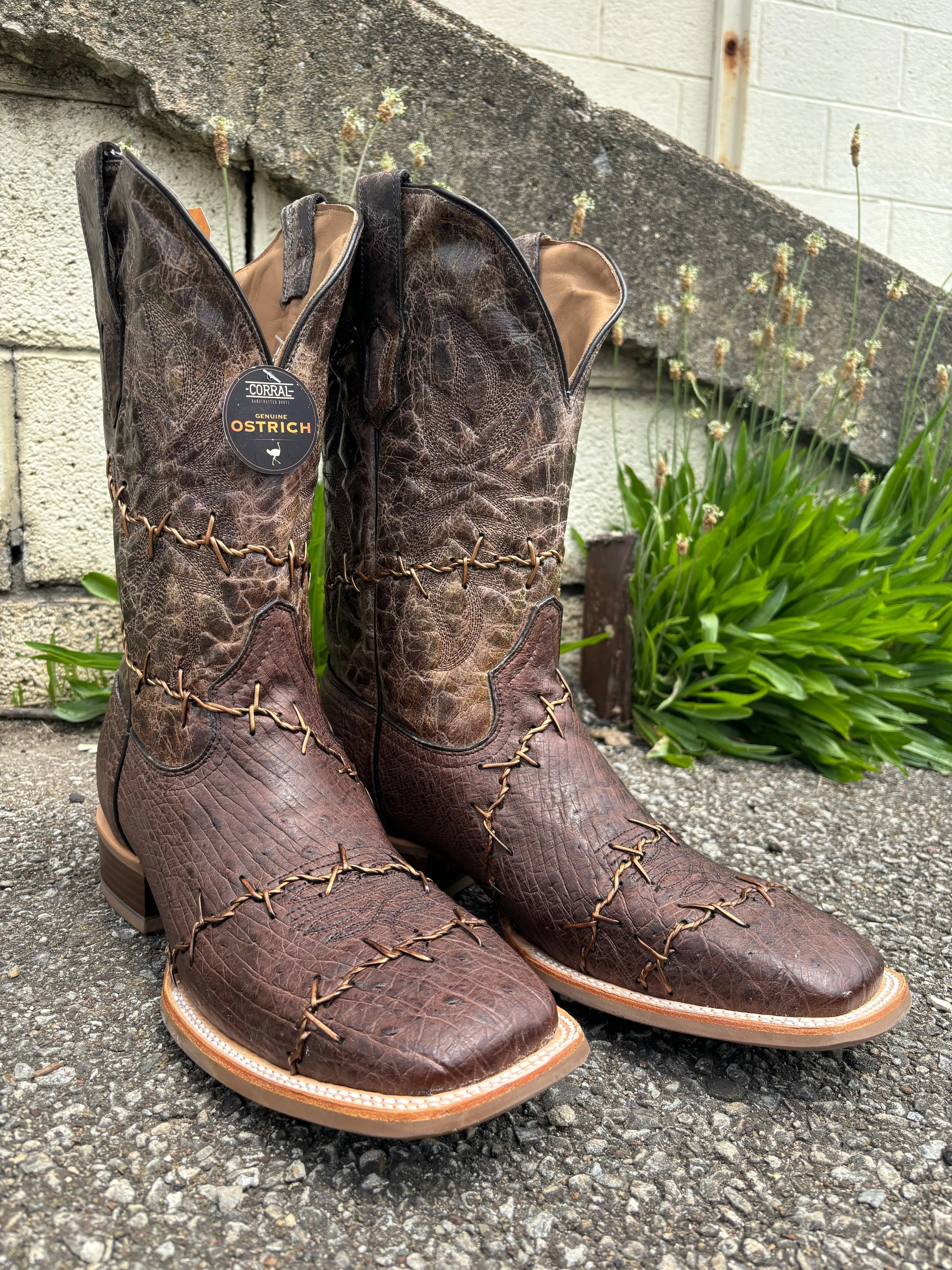 Corral Men's Brown Ostrich Barbed Wire Accent Square Toe Cowboy Boots A4556 Walking Comfort