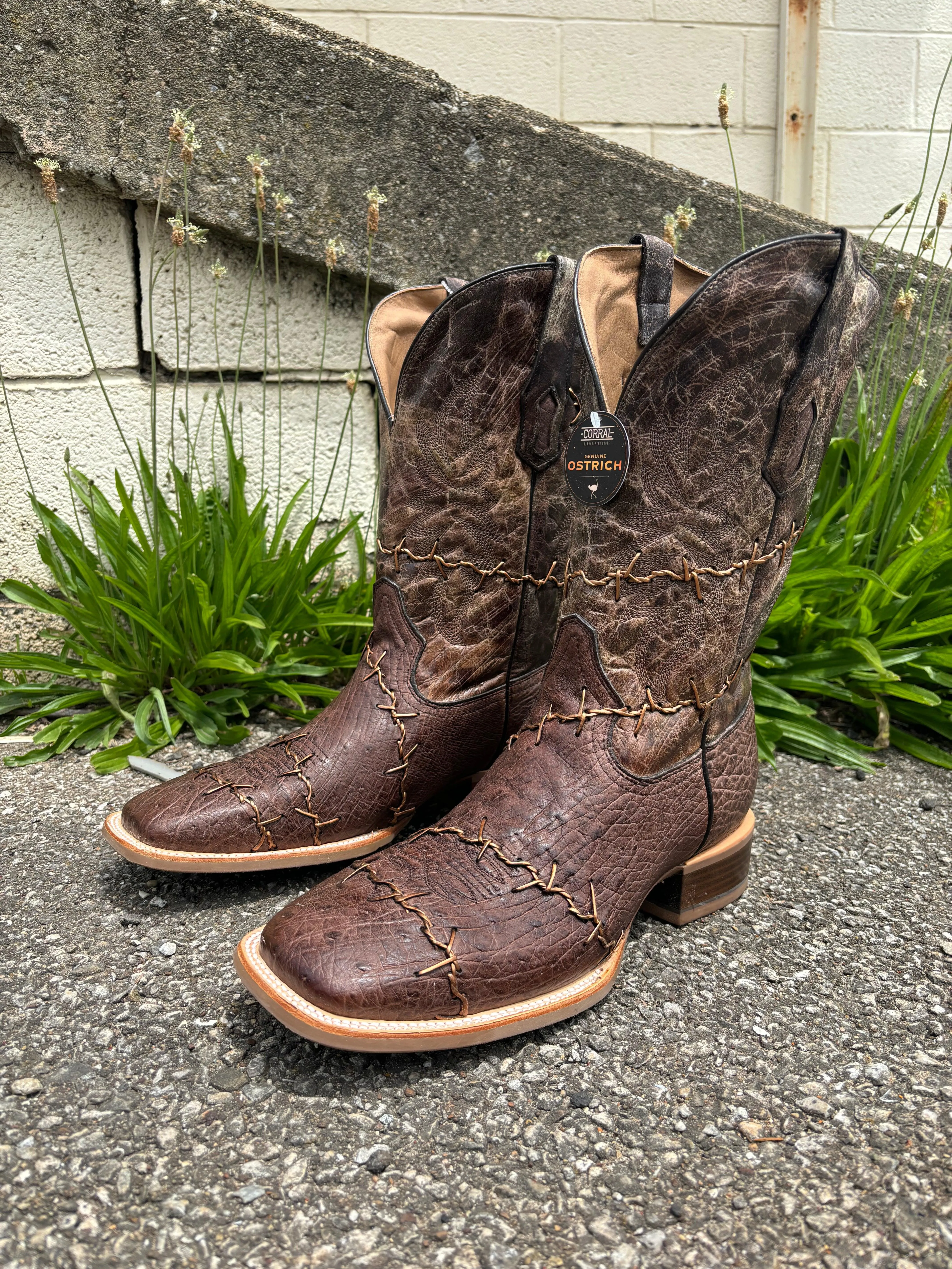 Corral Men's Brown Ostrich Barbed Wire Accent Square Toe Cowboy Boots A4556 city commute