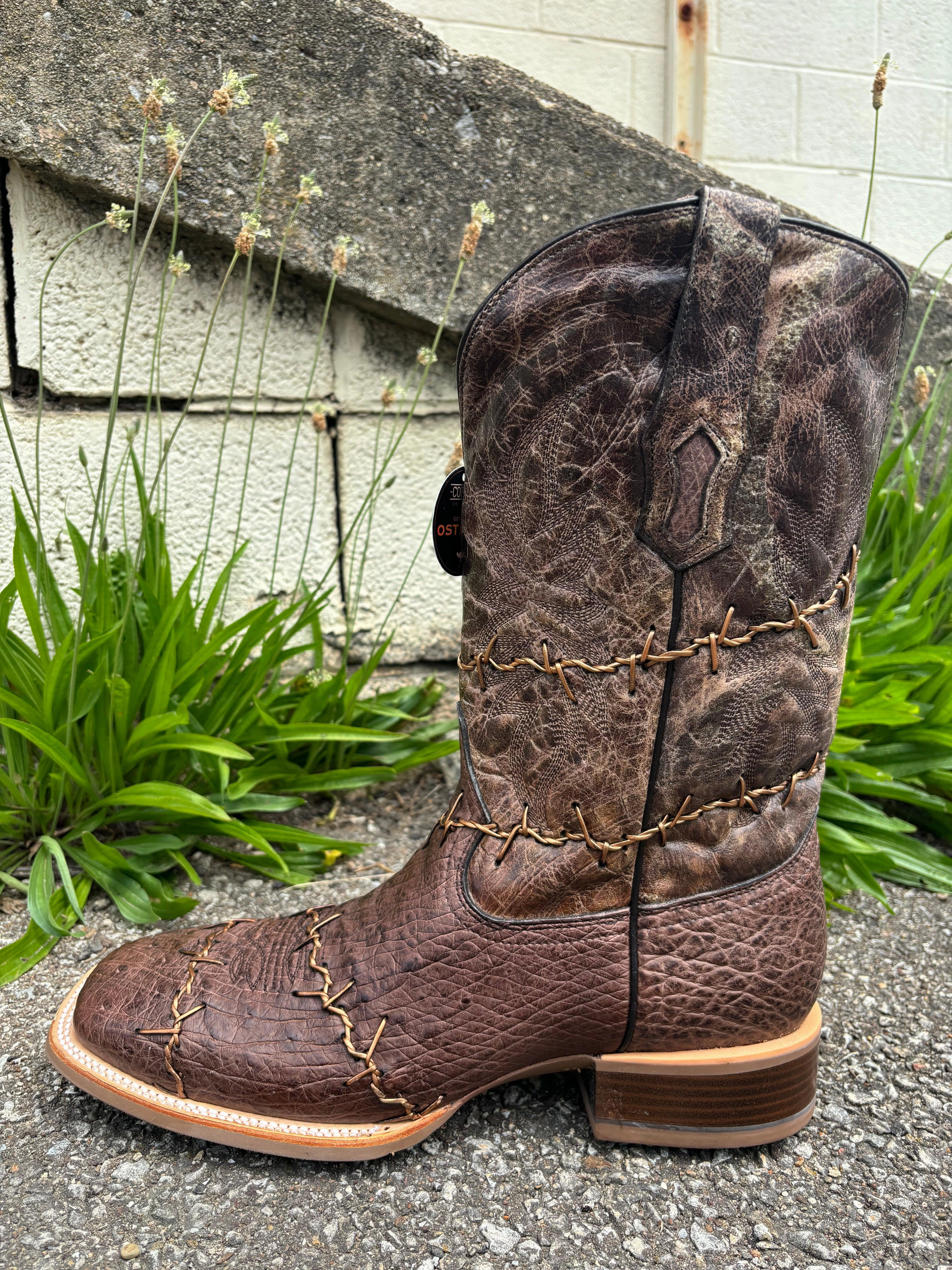 High Shaft Corral Men's Brown Ostrich Barbed Wire Accent Square Toe Cowboy Boots A4556