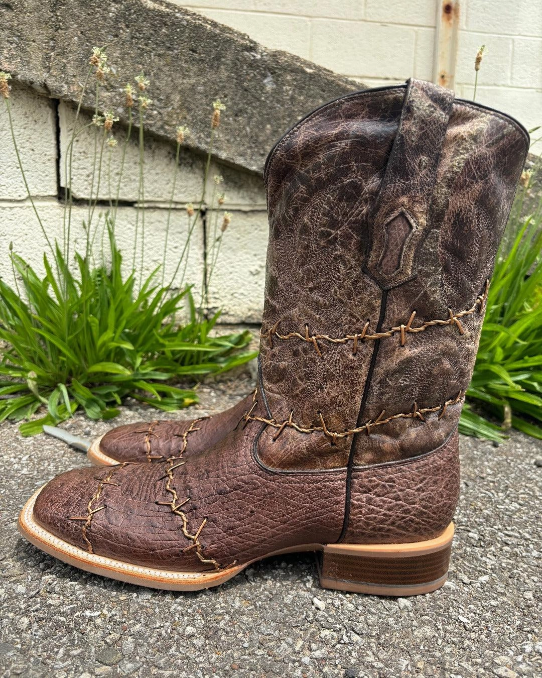 sweat-wicking Corral Men's Brown Ostrich Barbed Wire Accent Square Toe Cowboy Boots A4556