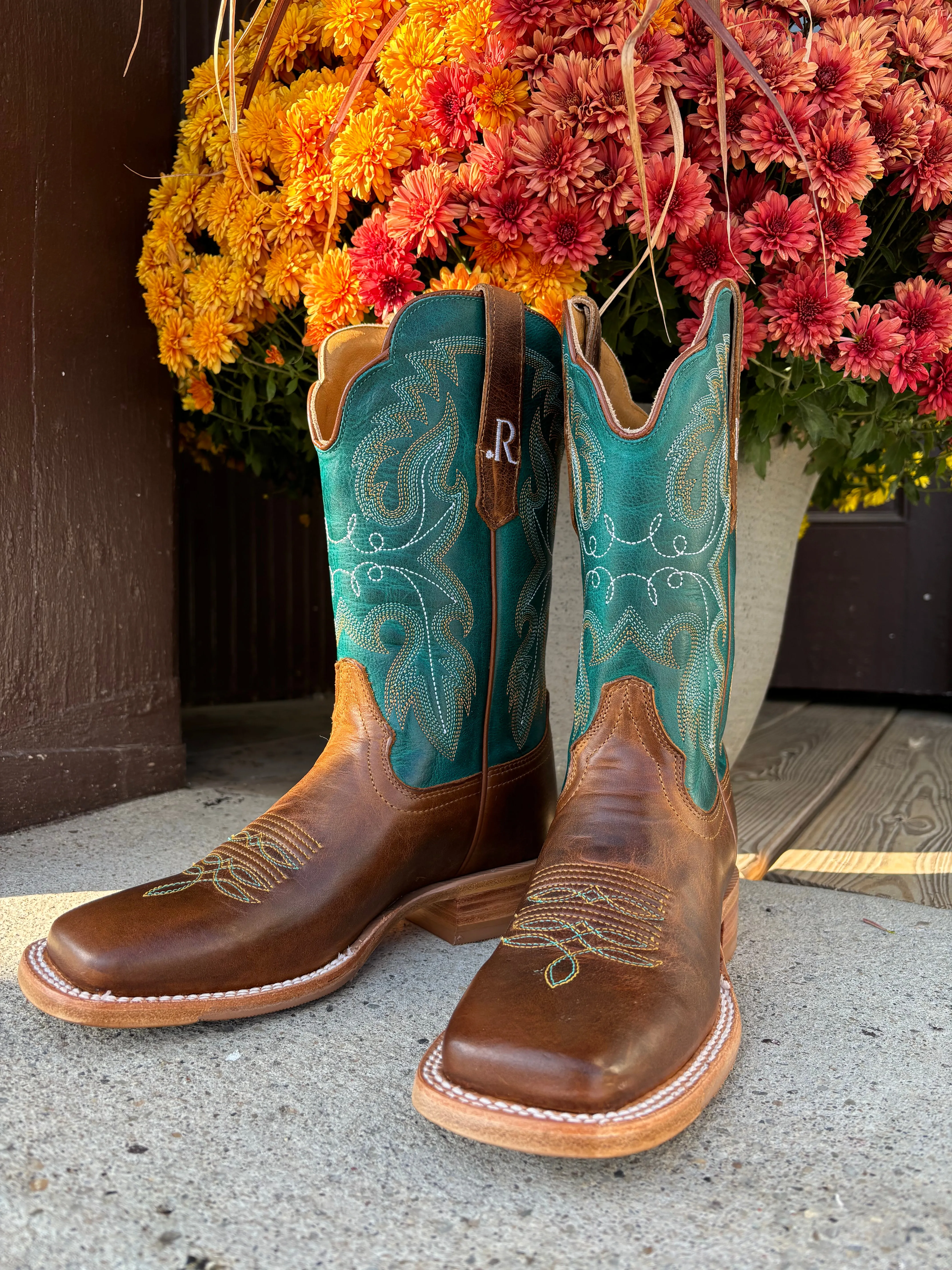 R. Watson Women's Brown & Teal Top Square Toe Western Cowgirl Boots RWL8305-2 Multi-Purpose Comfort