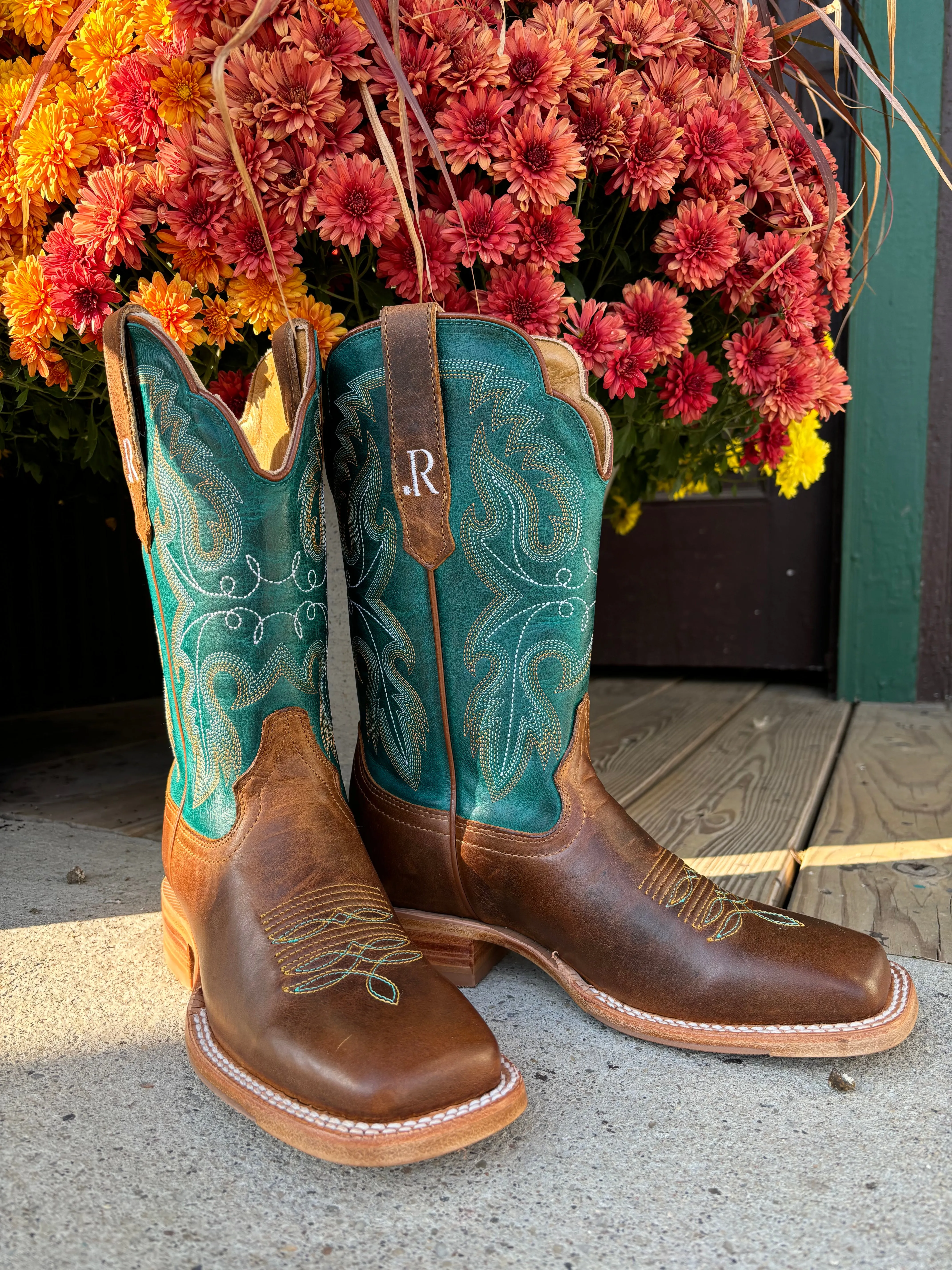 Long Walks R. Watson Women's Brown & Teal Top Square Toe Western Cowgirl Boots RWL8305-2