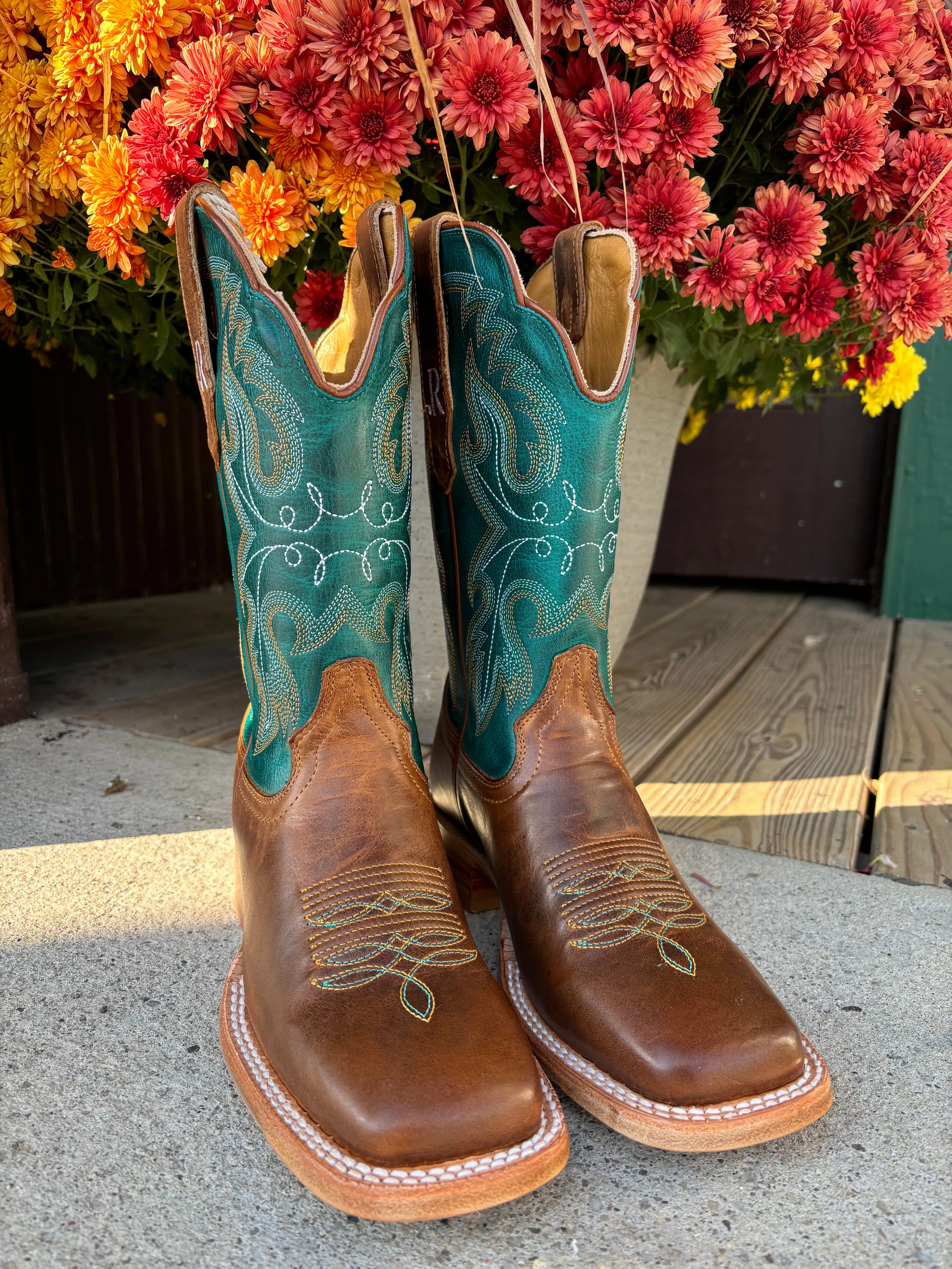 Comfortable Stride R. Watson Women's Brown & Teal Top Square Toe Western Cowgirl Boots RWL8305-2