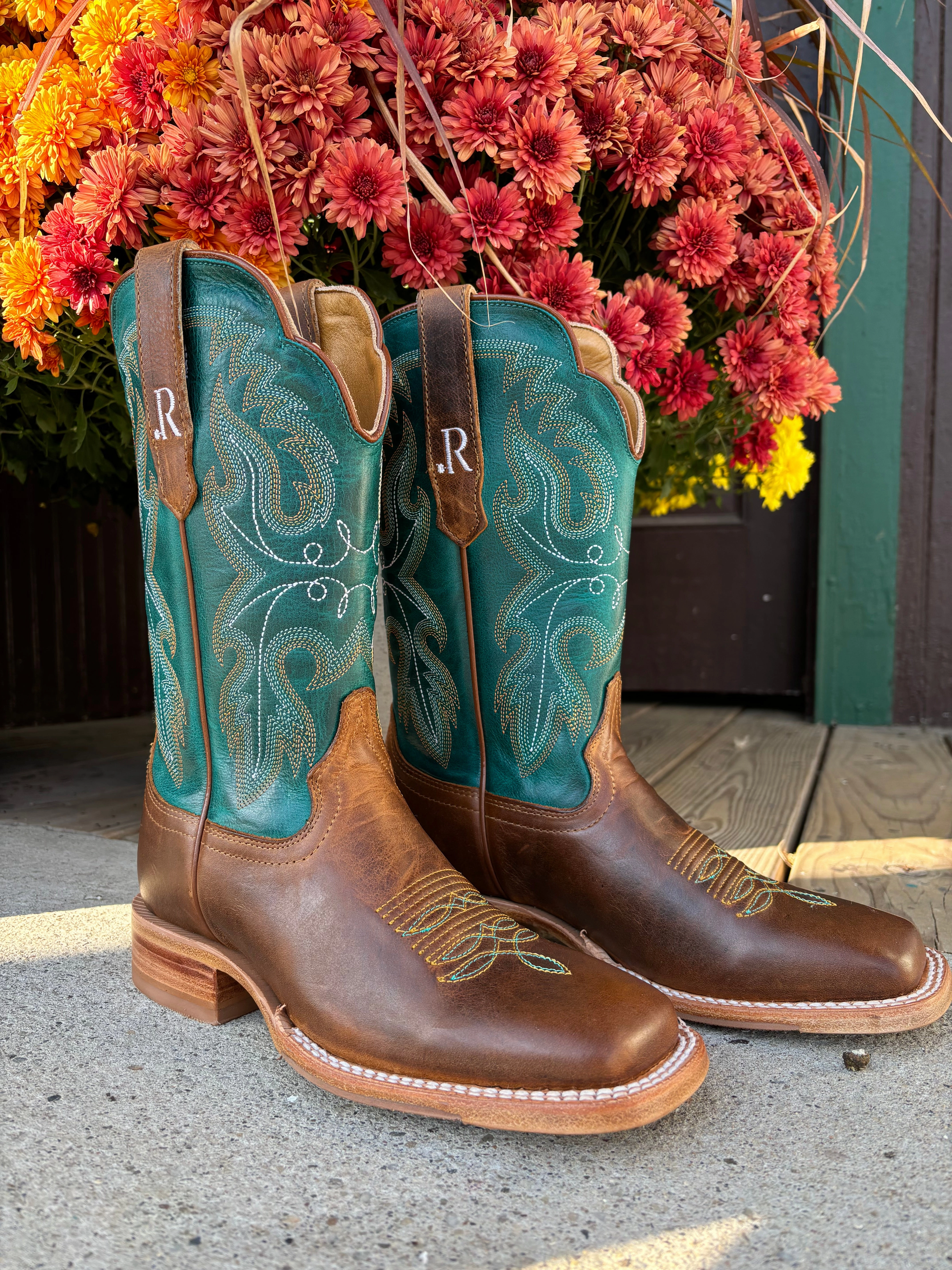 Easy Clean Rain Safe R. Watson Women's Brown & Teal Top Square Toe Western Cowgirl Boots RWL8305-2
