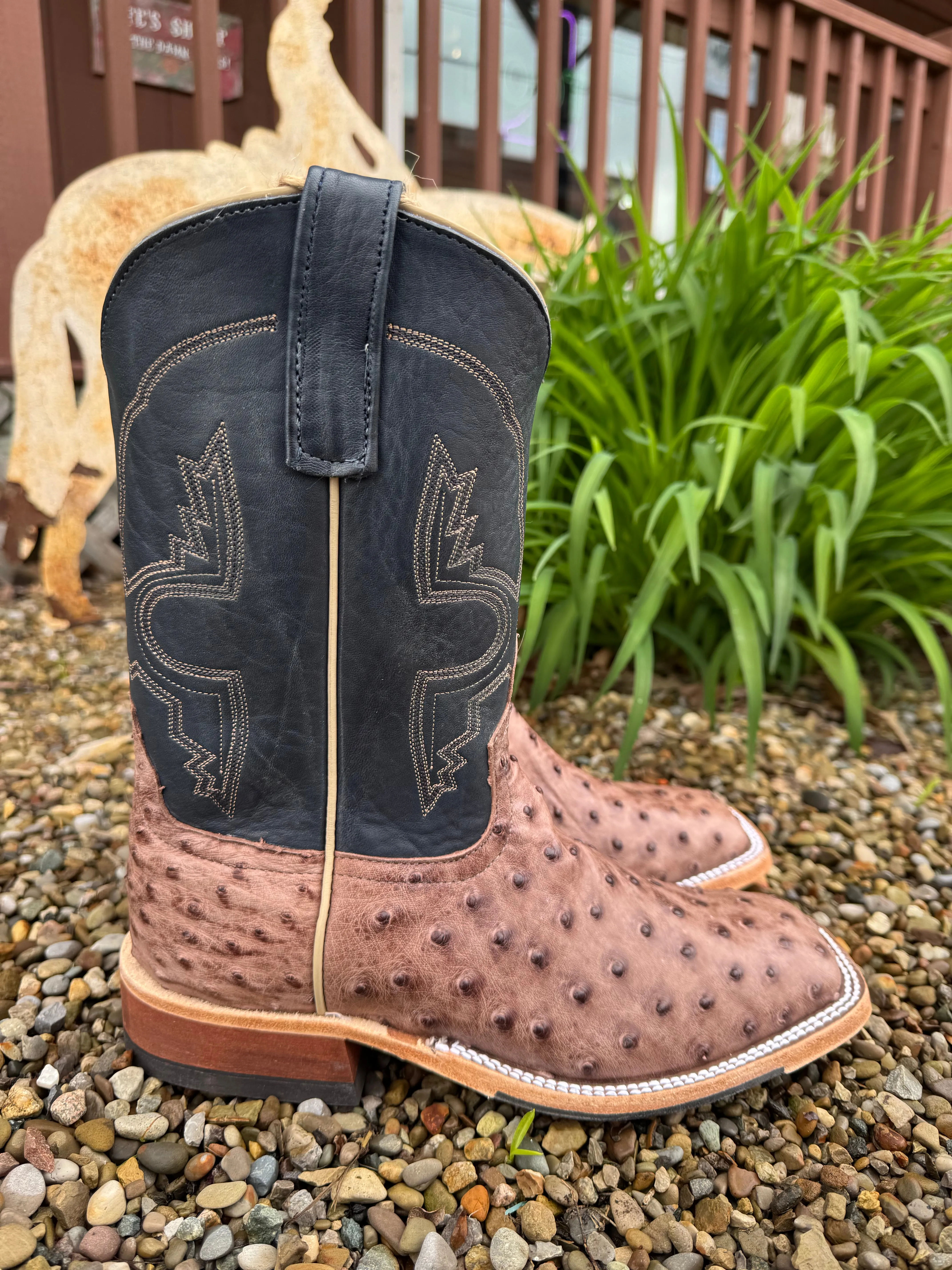 Anderson Bean Men's Kango Tobacco Bruciato Full Quill Ostrich & 10 Navy Bulldozer Top Square Toe Cowboy Boots 360197 Rubber Outsole PU