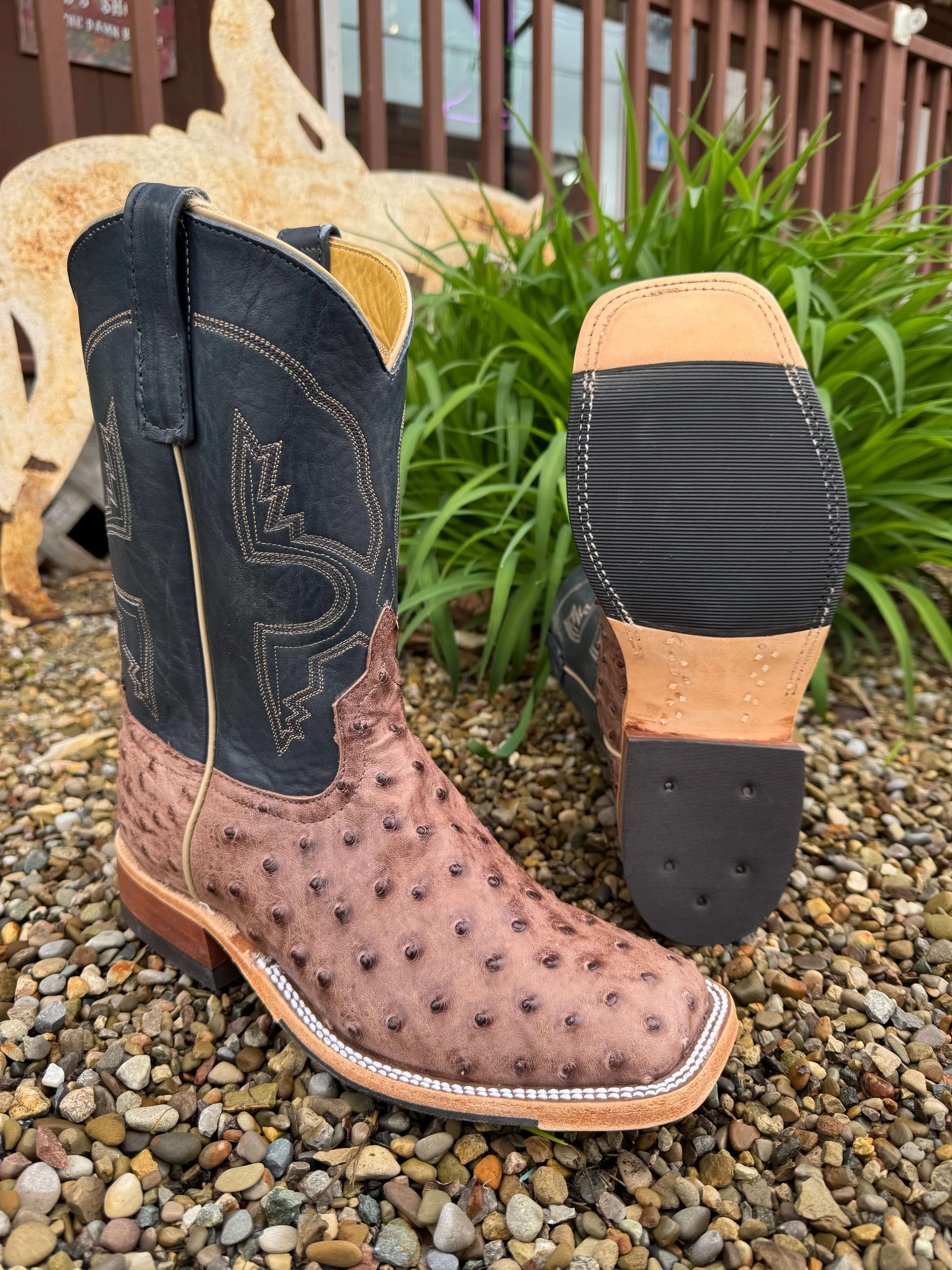Flexible Construction Anderson Bean Men's Kango Tobacco Bruciato Full Quill Ostrich & 10 Navy Bulldozer Top Square Toe Cowboy Boots 360197