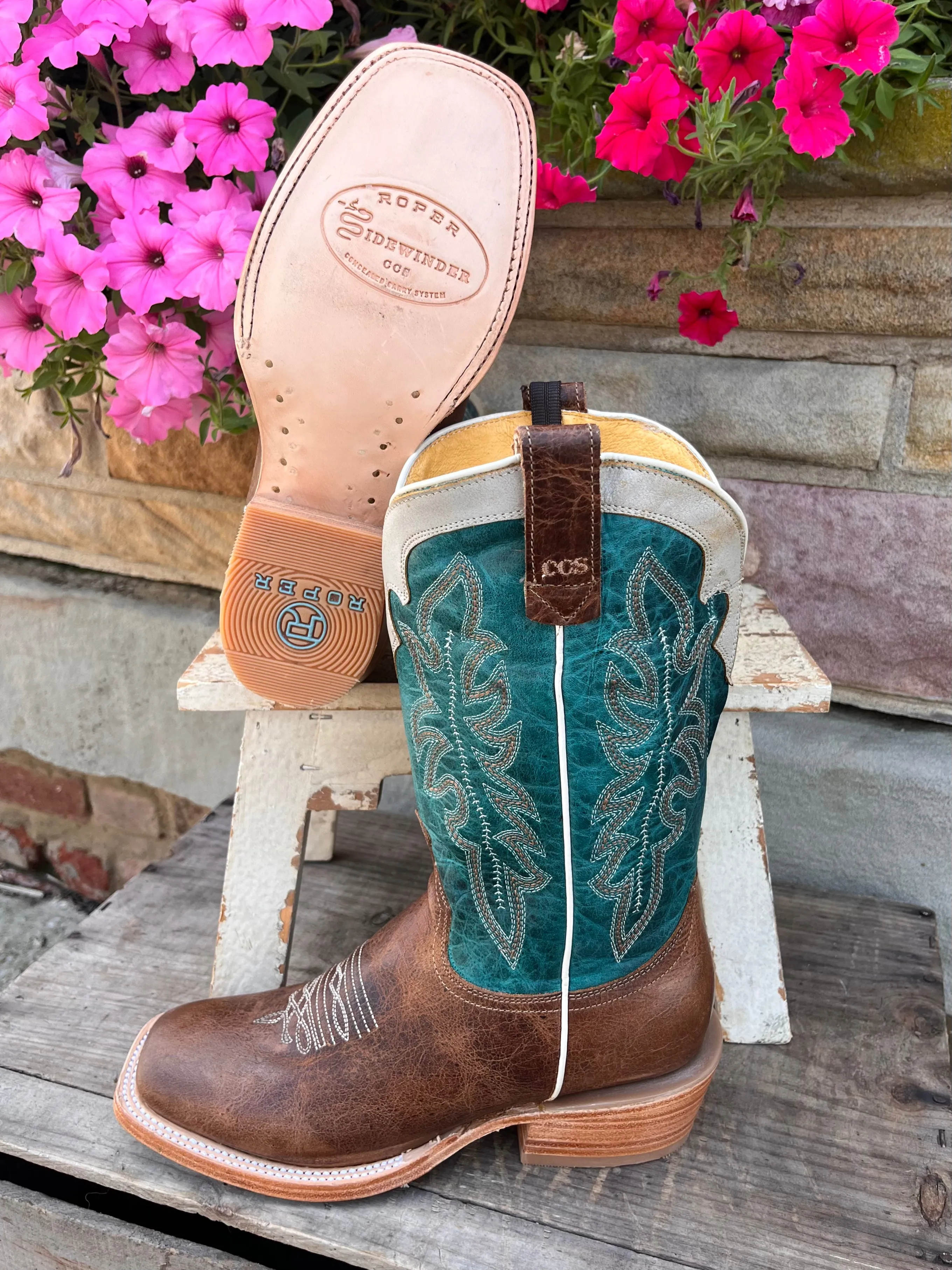 Roper Women's Brown Leather & Teal Top Concealed Carry Cowgirl Boots 8257-8592 Well   Made Strong Mood