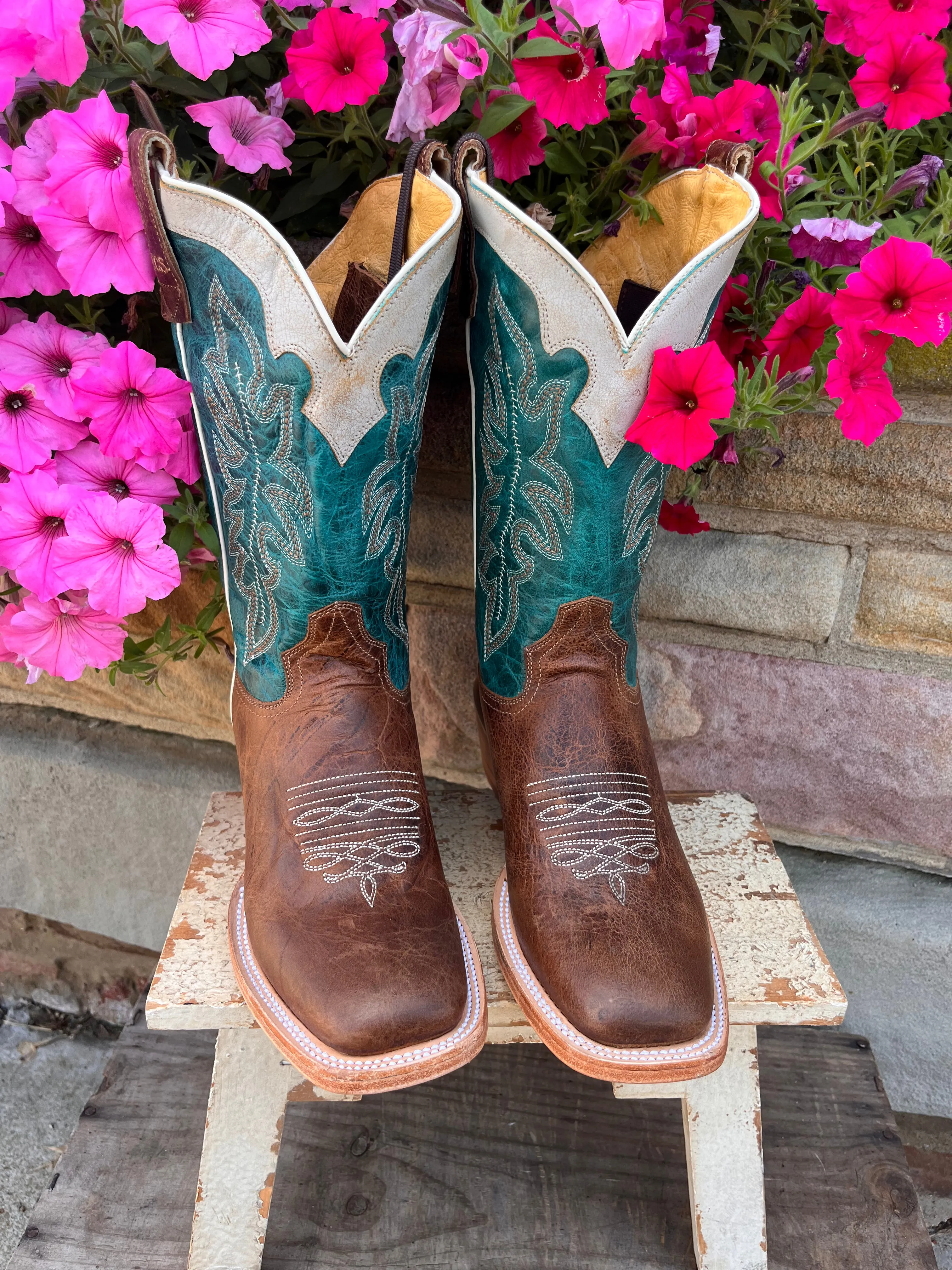 Roper Women's Brown Leather & Teal Top Concealed Carry Cowgirl Boots 8257-8592 Memory Foam Rugged Style