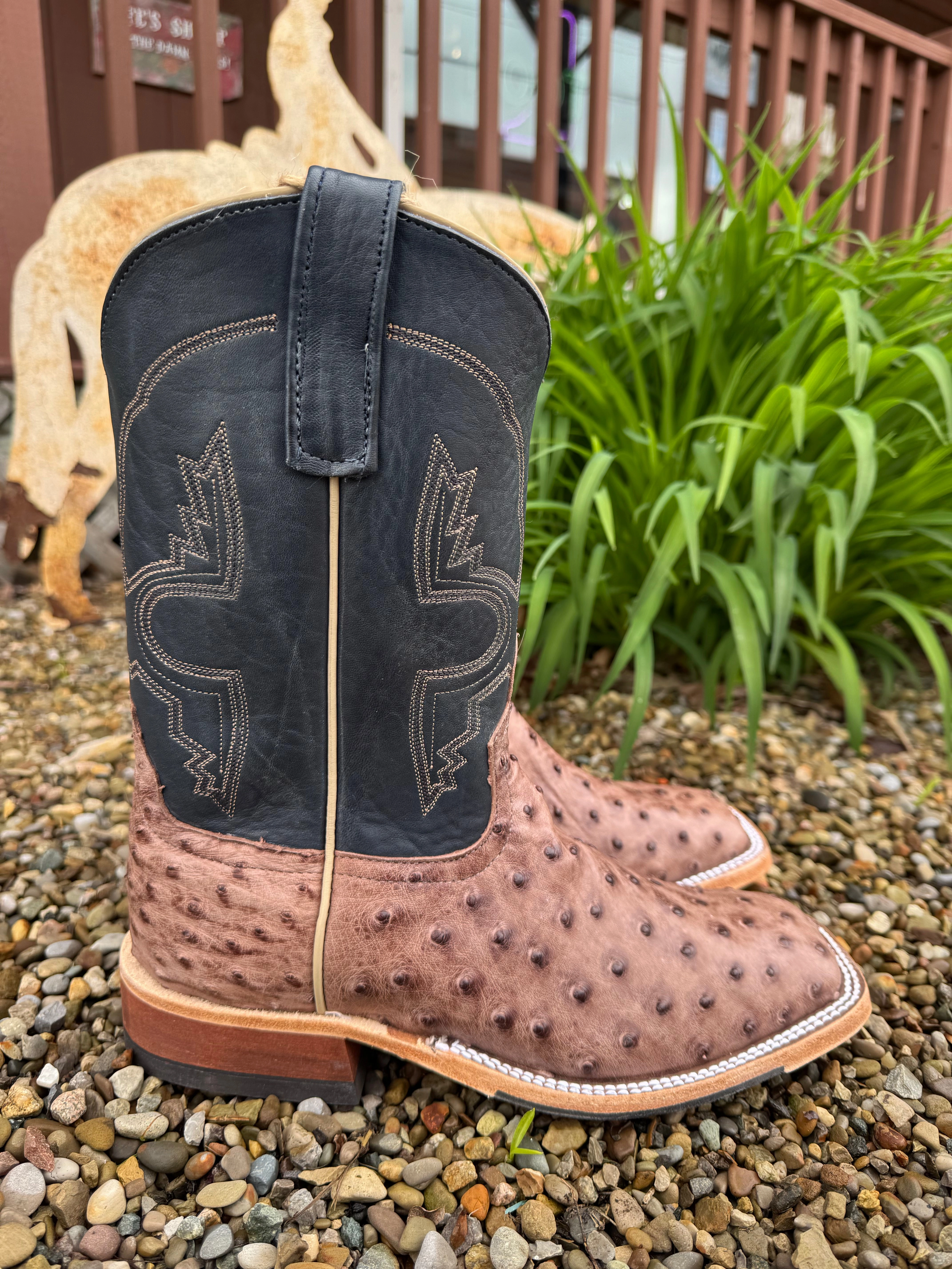 Anderson Bean Men's Kango Tobacco Bruciato Full Quill Ostrich & 10 Navy Bulldozer Top Square Toe Cowboy Boots 360197 Rubber Outsole PU