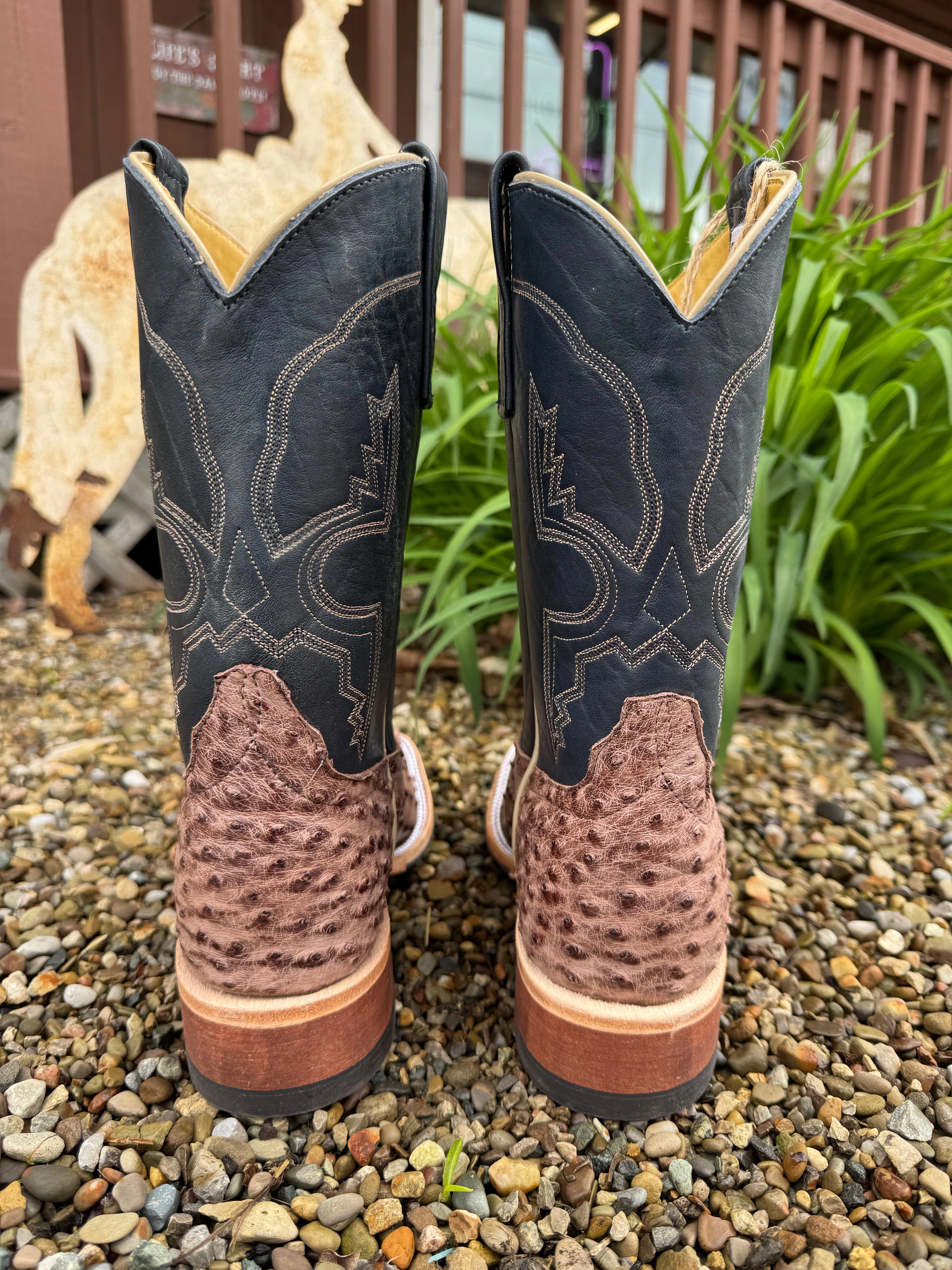 Comfortable Posture Slip-Resistant Sole Anderson Bean Men's Kango Tobacco Bruciato Full Quill Ostrich & 10 Navy Bulldozer Top Square Toe Cowboy Boots 360197