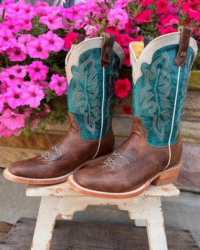 Roper Women's Brown Leather & Teal Top Concealed Carry Cowgirl Boots 8257-8592 Durable Look