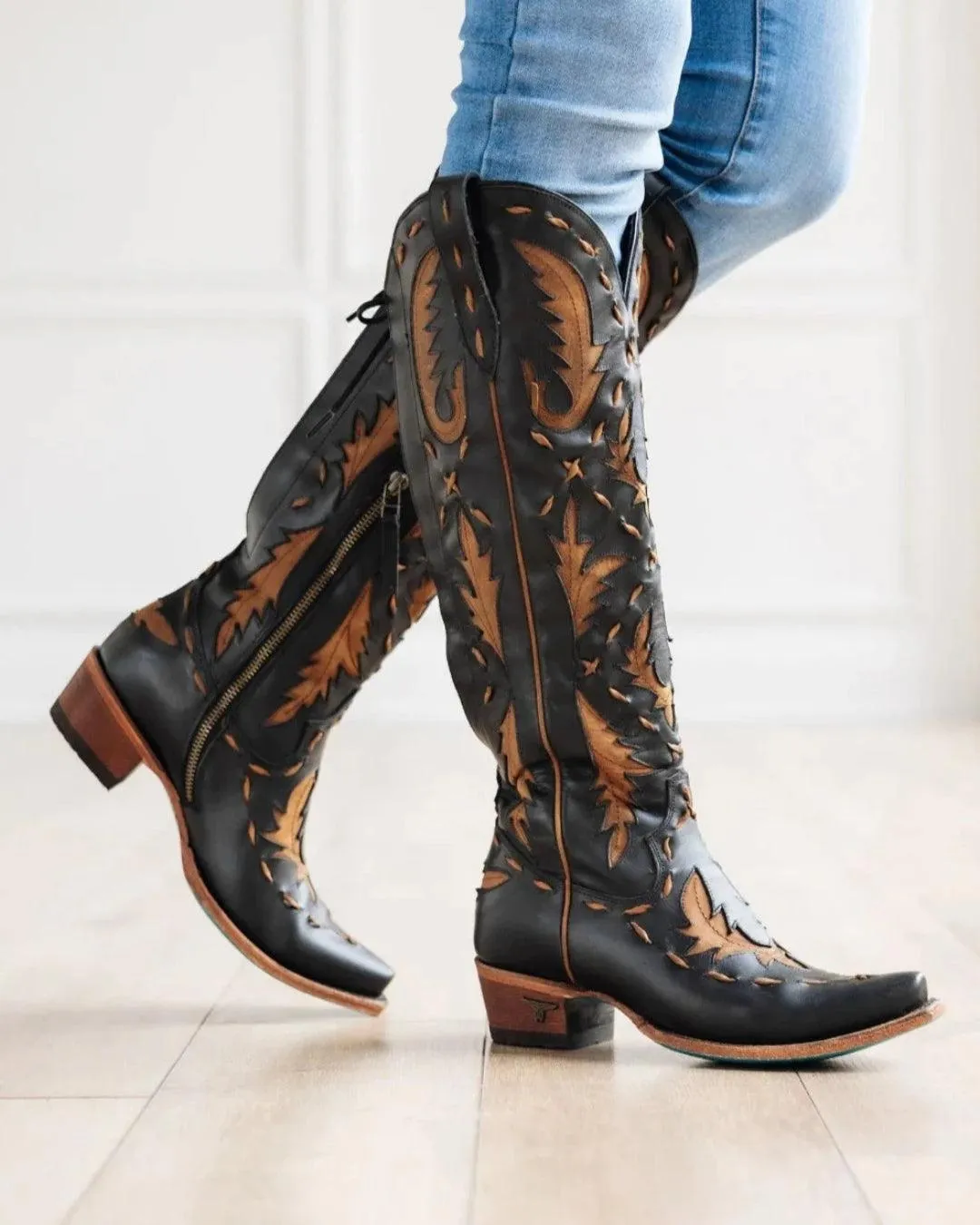 Lane Boots Womens Jet Black and Caramel Reverie Tall Cowgirl Boots LB0495D Lace Up Style Ankle Coverage