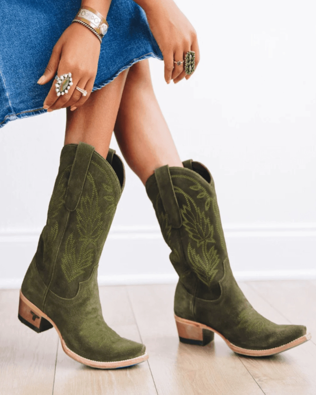 Lane Boots Womens Sandaga Midi Olive Suede Cowgirl Boots LB0520B Nude Soft Water Guard