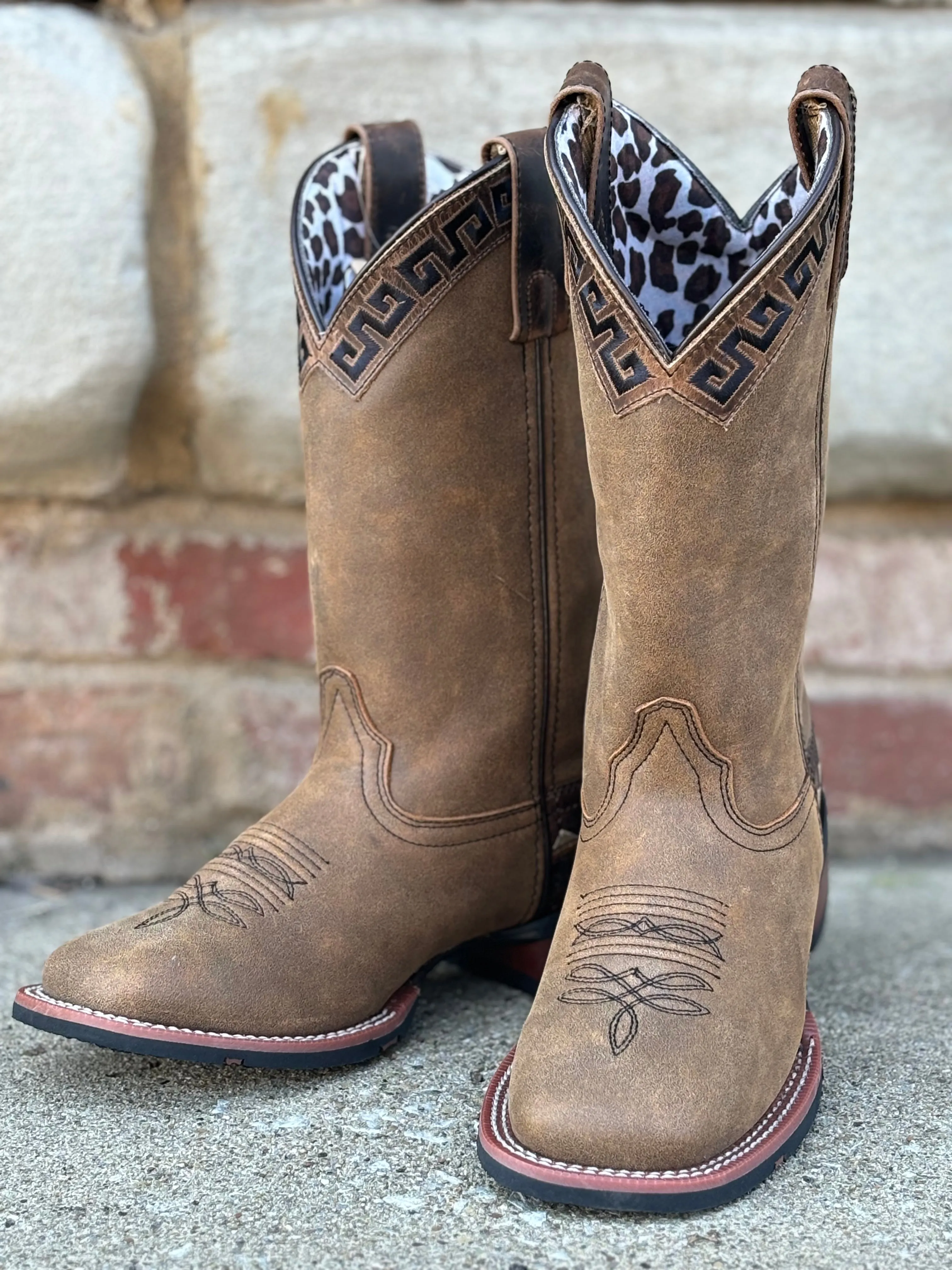 Slip-On Design Effortless Look Laredo Women's Tan Brown Atzi Accent Embroidery Square Toe Cowgirl Boots 5683