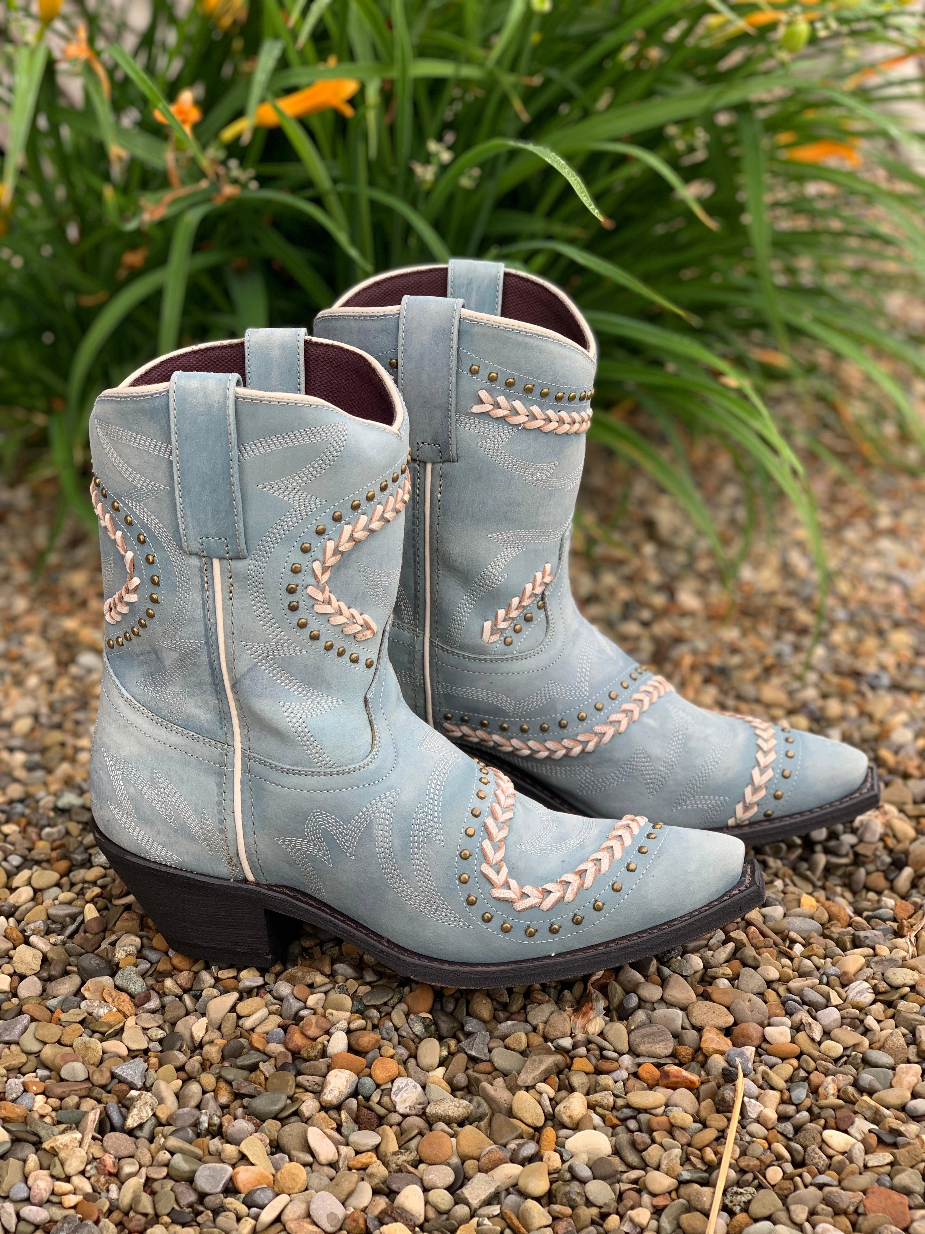 Laredo Women's Fancy Blue Snip Toe Shortie Cowgirl Boots 52401 Mud Defense Young Professional