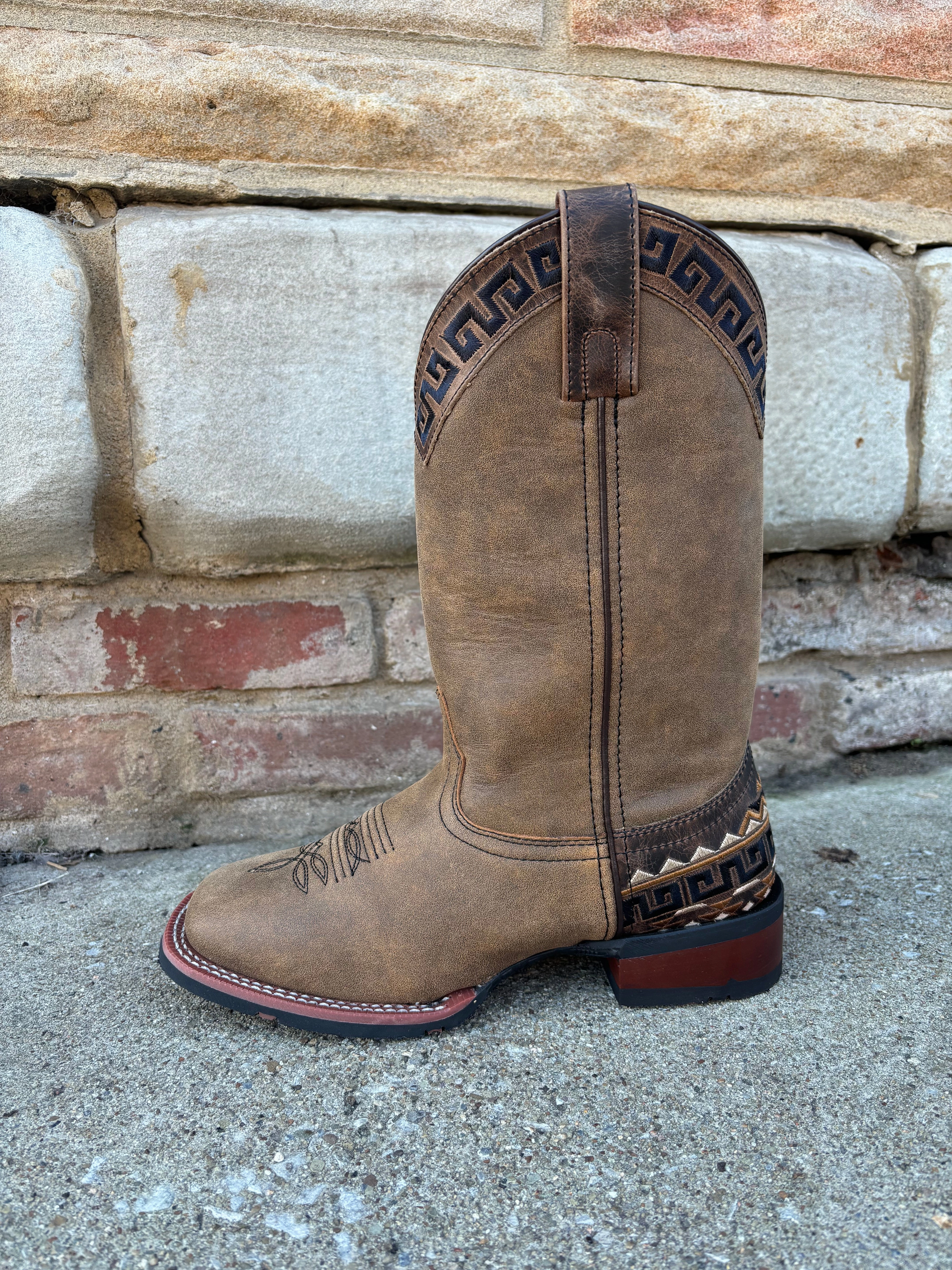 Laredo Women's Tan Brown Atzi Accent Embroidery Square Toe Cowgirl Boots 5683 Sport Inspired