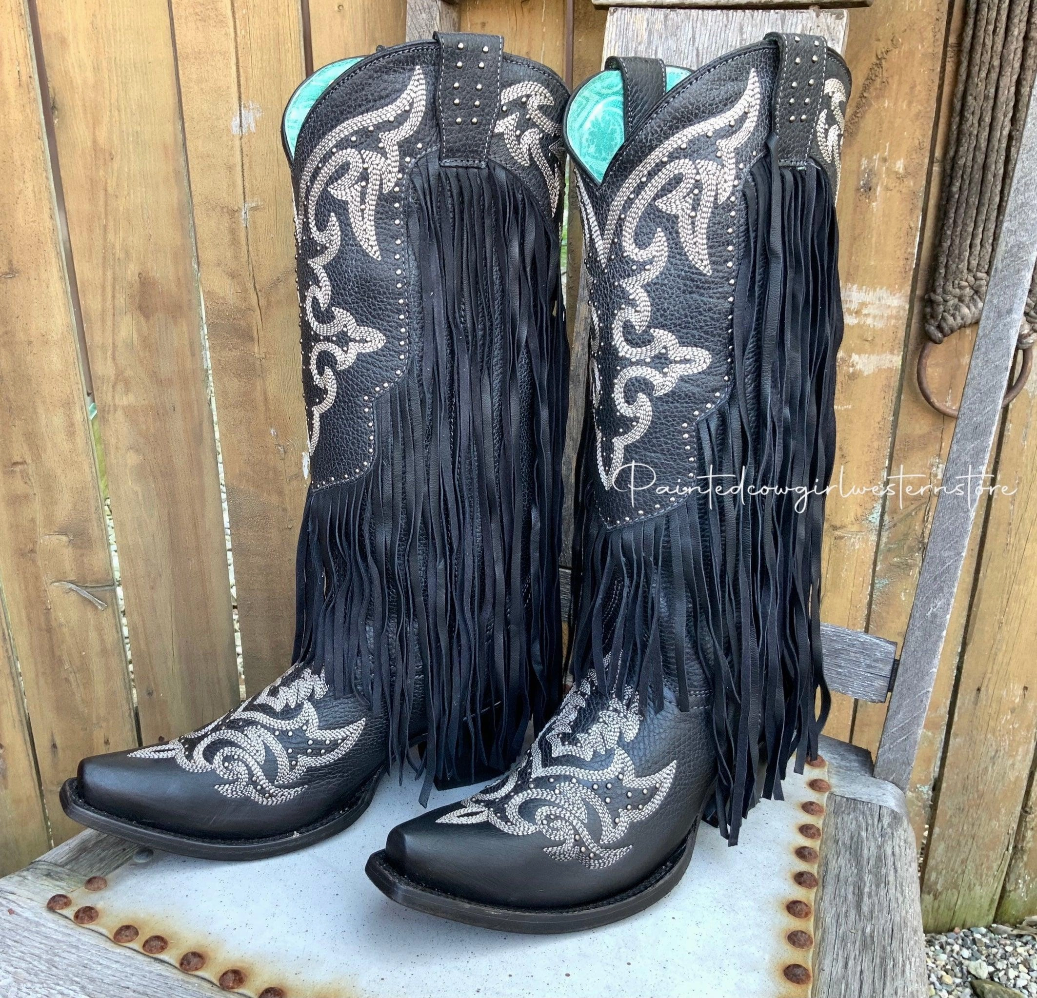 Street Walk Corral Women's Black Lamb Leather Fringed Tall Snip Toe Cowgirl Boots C3706