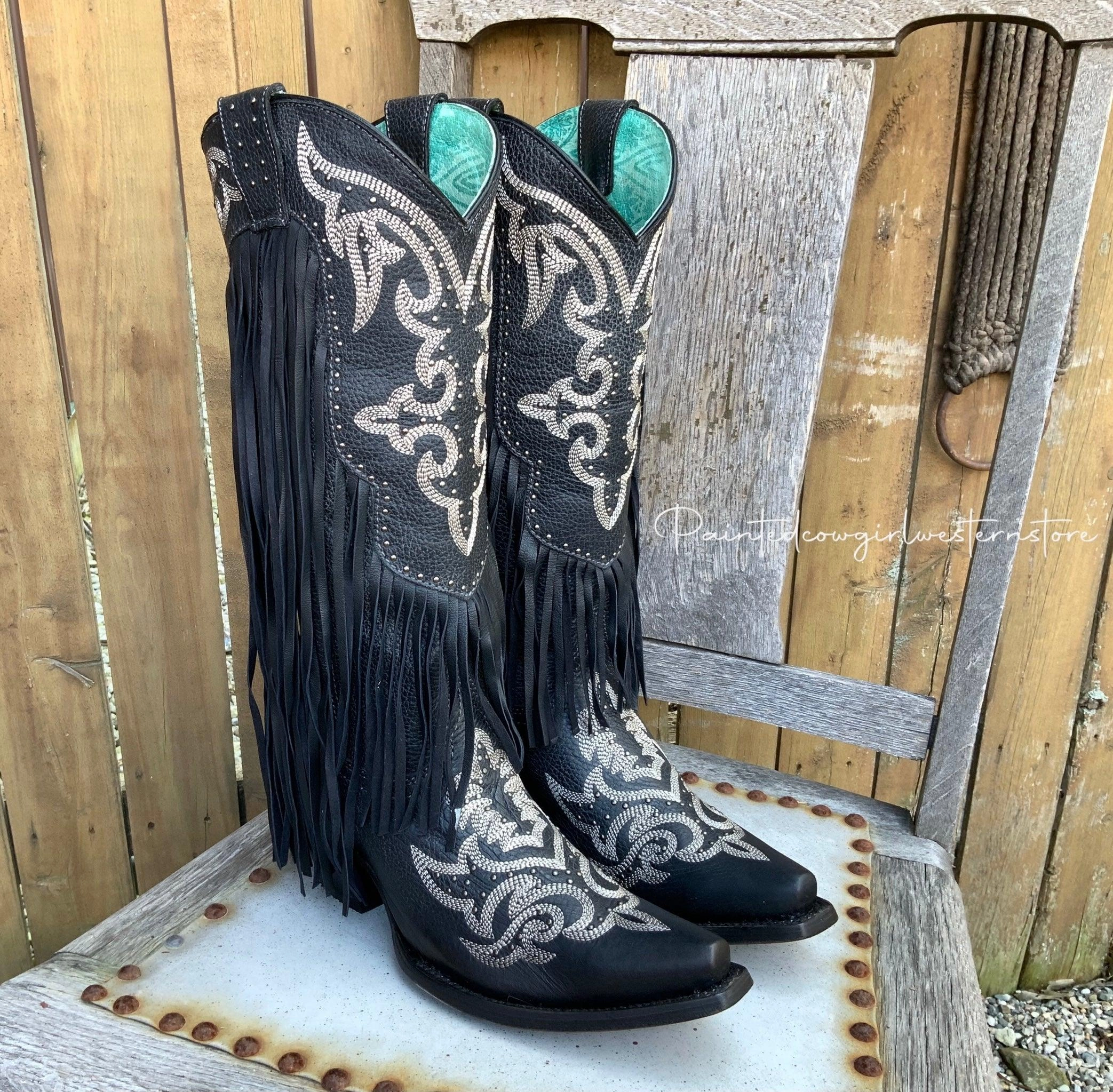 Neutral Tones Corral Women's Black Lamb Leather Fringed Tall Snip Toe Cowgirl Boots C3706